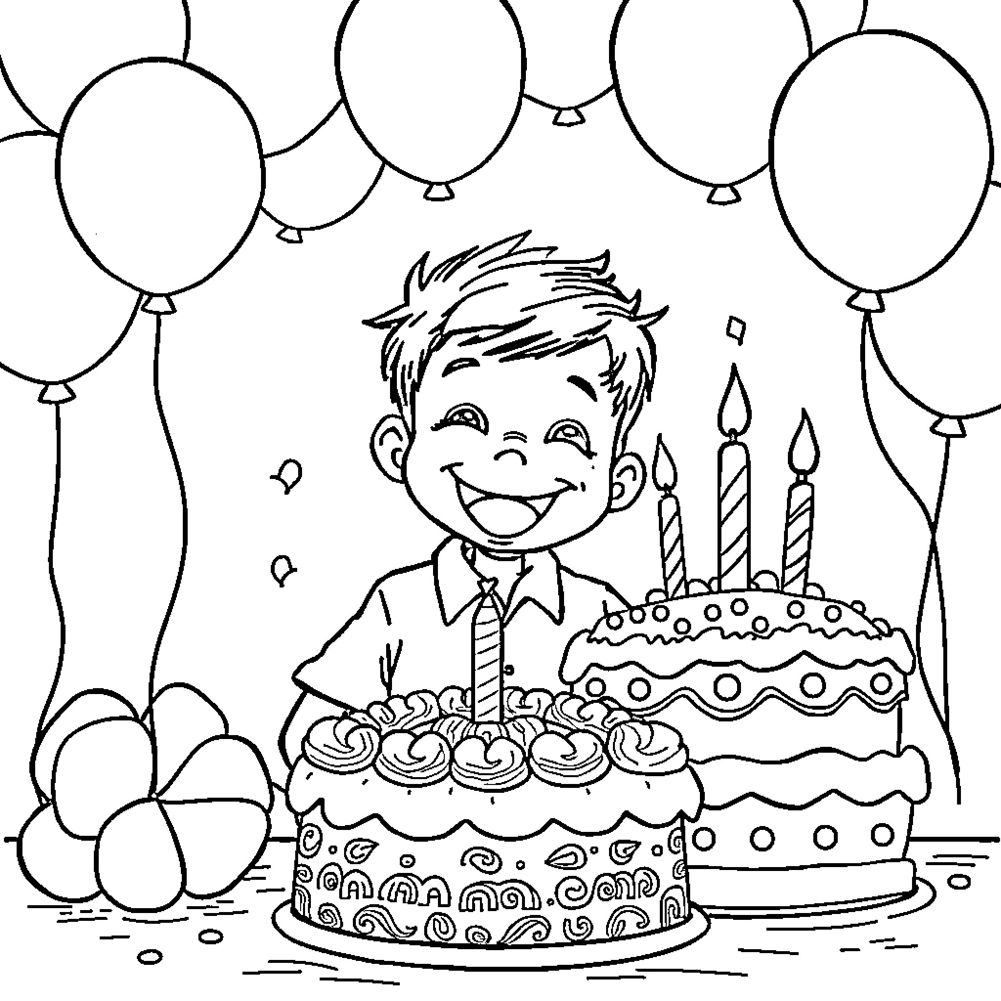 Boy celebrating birthday with cake and balloons Coloring Page (free black-and-white line drawing printable PDF for all, from beginners to advanced learners, including children, teens, adults, and seniors)