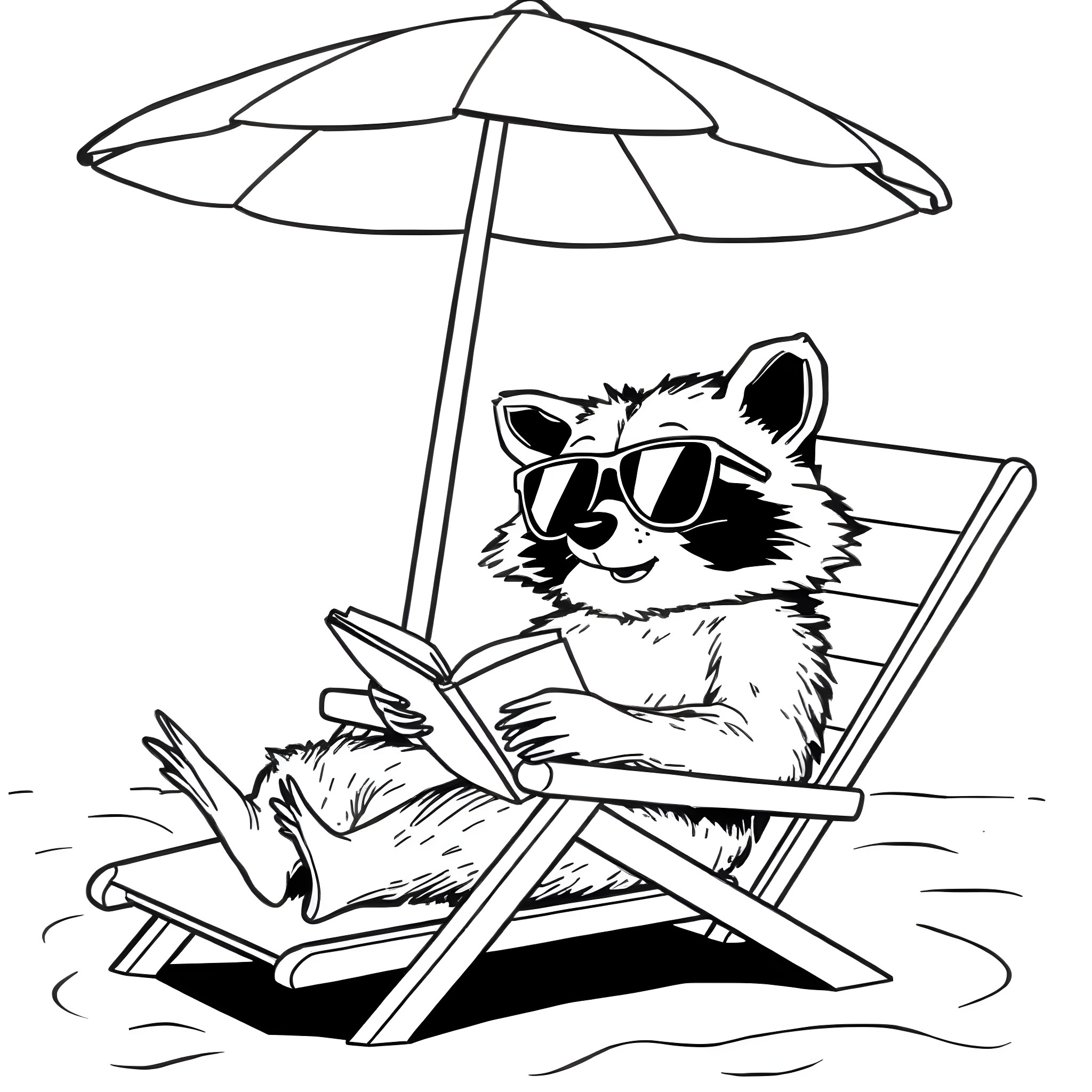 Raccoon relaxing under an umbrella at the beach Coloring Page (free black-and-white line drawing printable PDF for all, from beginners to advanced learners, including children, teens, adults, and seniors)
