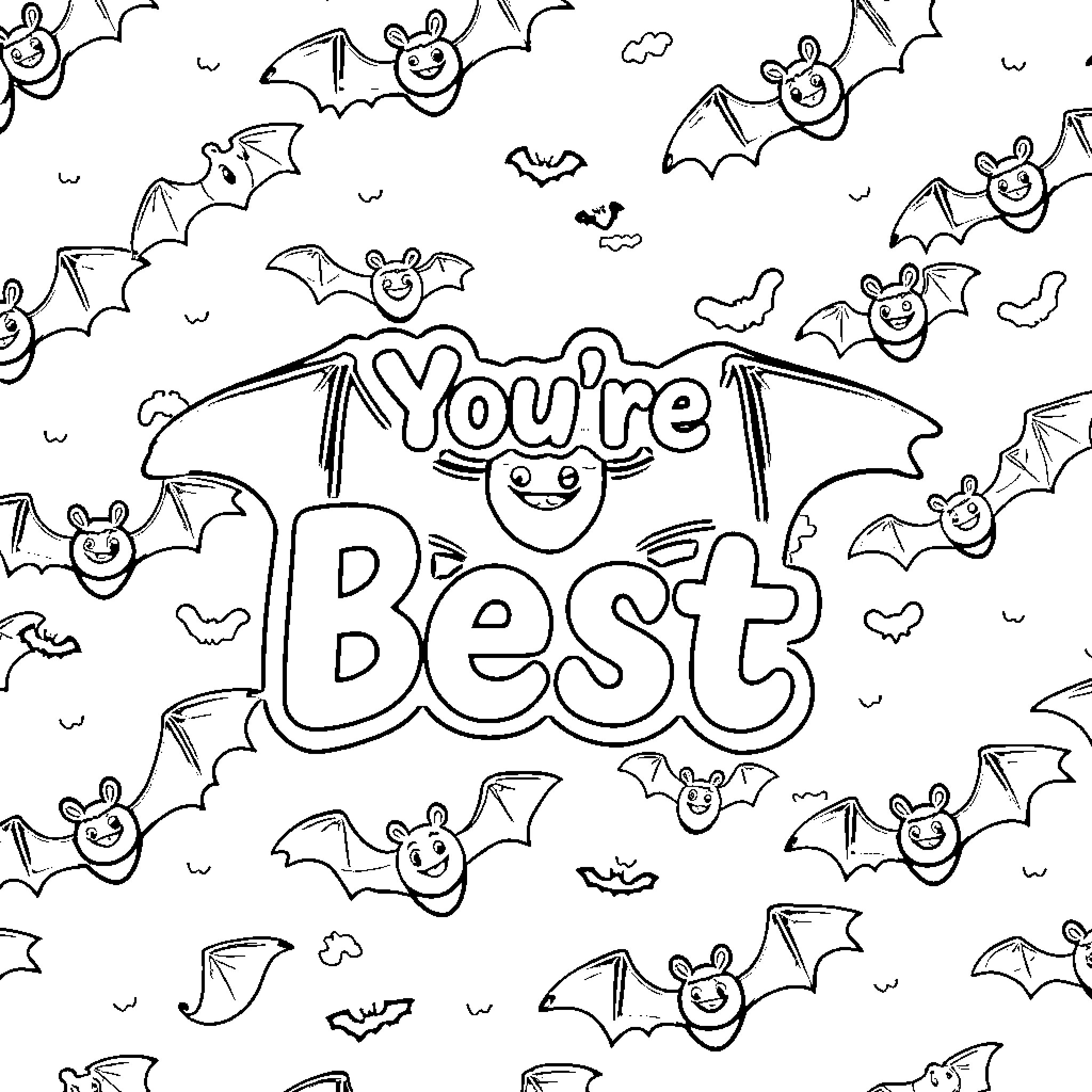 Bat-themed encouragement with smiling bats Coloring Page (free black-and-white line drawing printable PDF for all, from beginners to advanced learners, including children, teens, adults, and seniors)