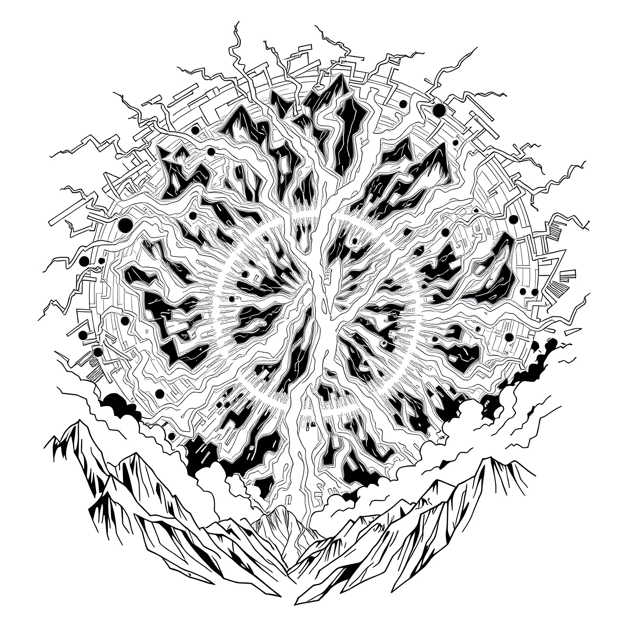 Lightning strikes across a surreal landscape Coloring Page (free black-and-white line drawing printable PDF for all, from beginners to advanced learners, including children, teens, adults, and seniors)