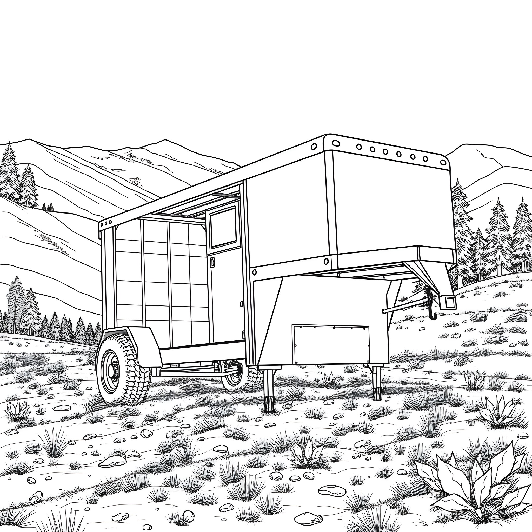 Gooseneck Trailer in Rugged Outdoor Landscape Coloring Page (free black-and-white line drawing printable PDF for all, from beginners to advanced learners, including children, teens, adults, and seniors)