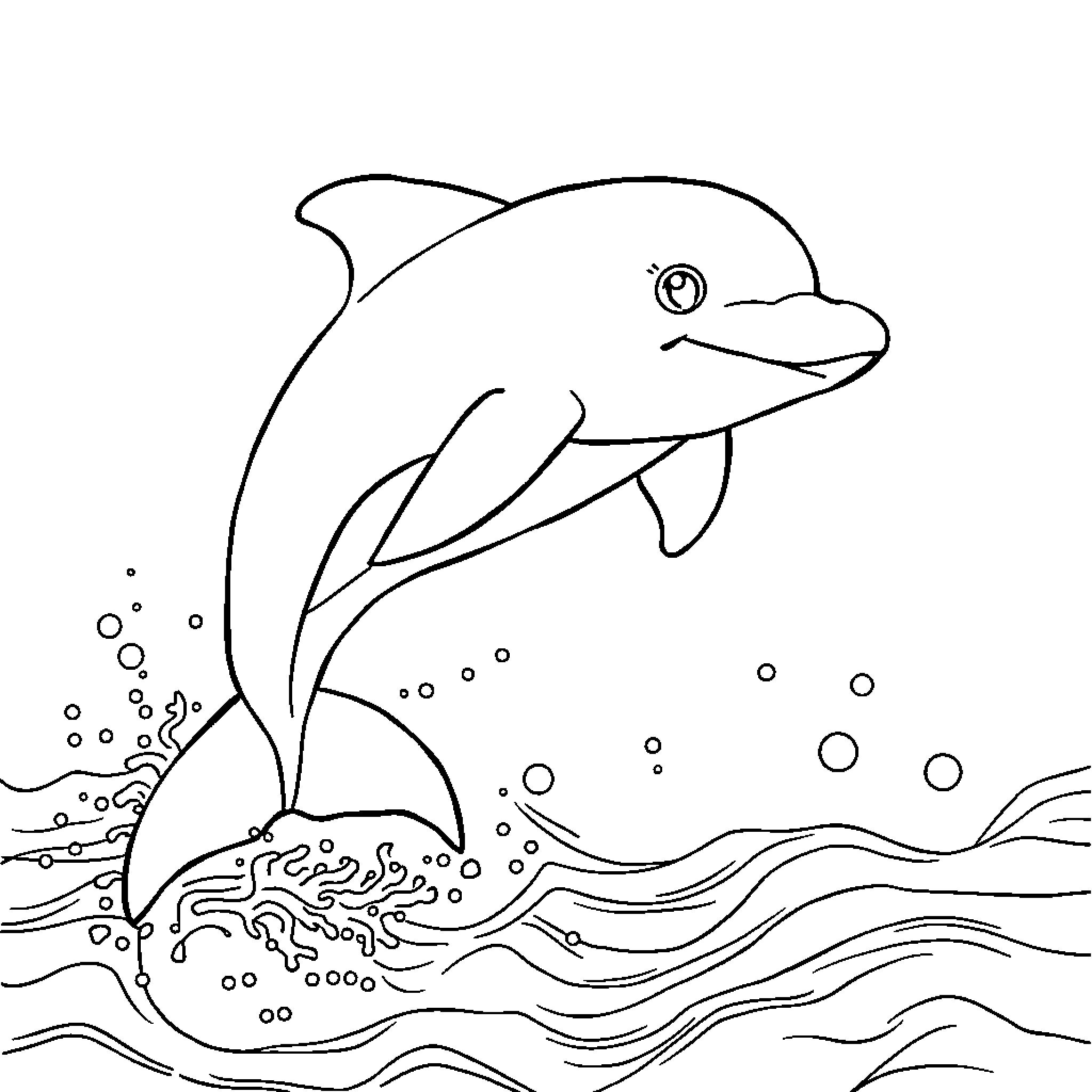 Dolphin swimming joyfully in the ocean Coloring Page (free black-and-white line drawing printable PDF for all, from beginners to advanced learners, including children, teens, adults, and seniors)