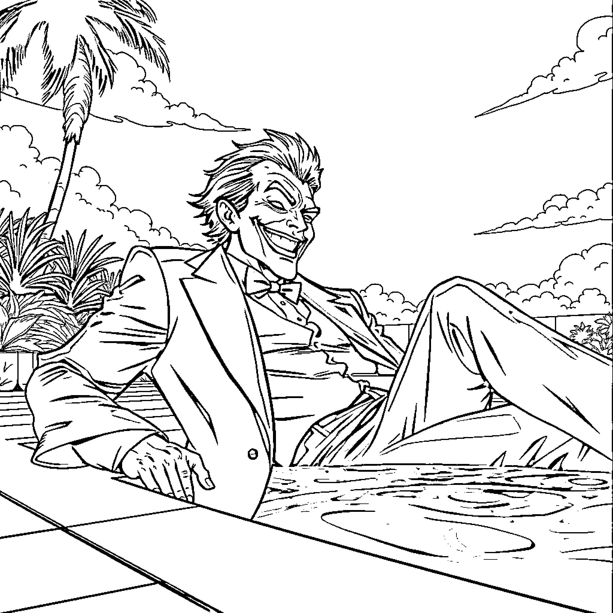 Joker relaxing on the beach with a sinister grin Coloring Page (free black-and-white line drawing printable PDF for all, from beginners to advanced learners, including children, teens, adults, and seniors)