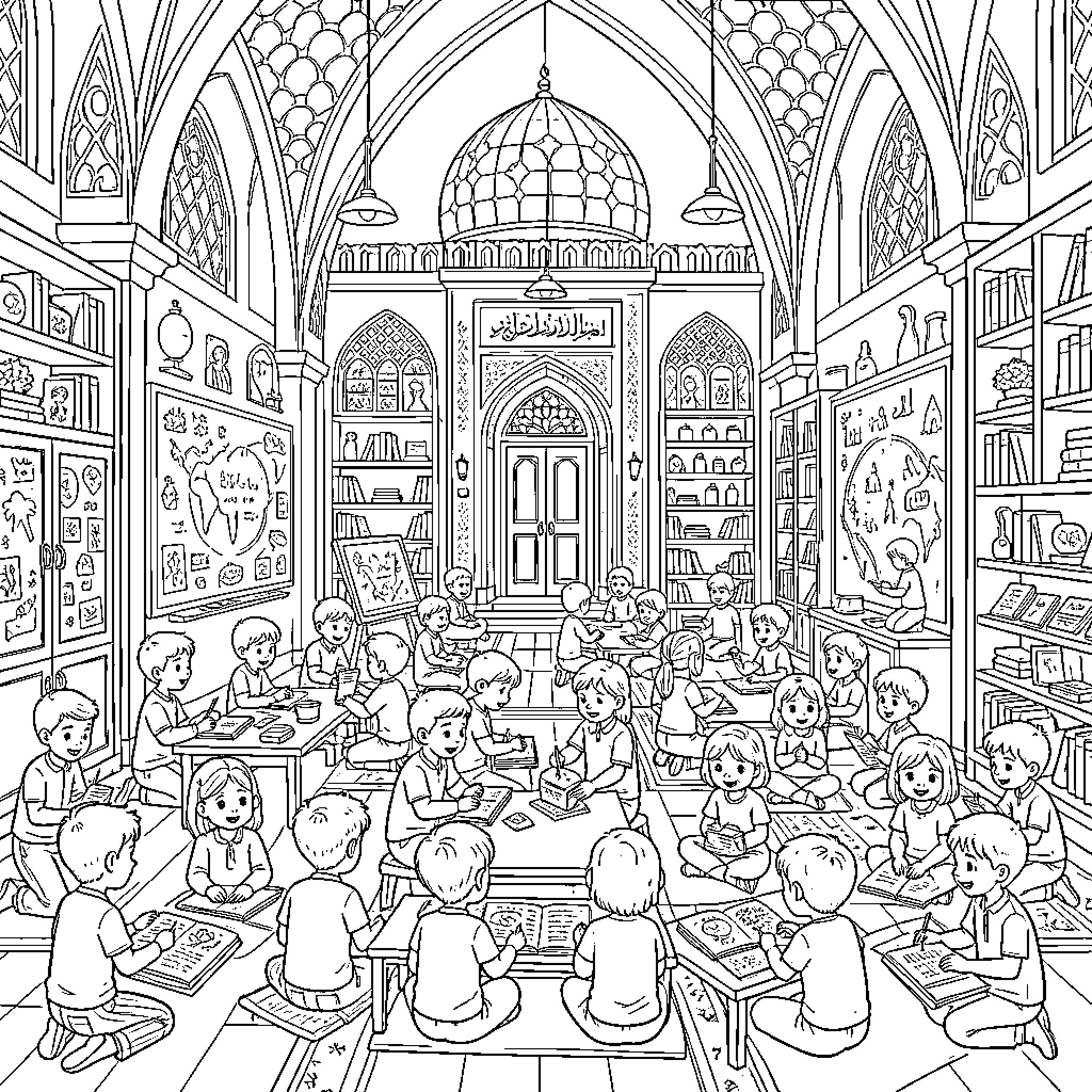 Mosque classroom with children studying and learning together Coloring Page (free black-and-white line drawing printable PDF for all, from beginners to advanced learners, including children, teens, adults, and seniors)