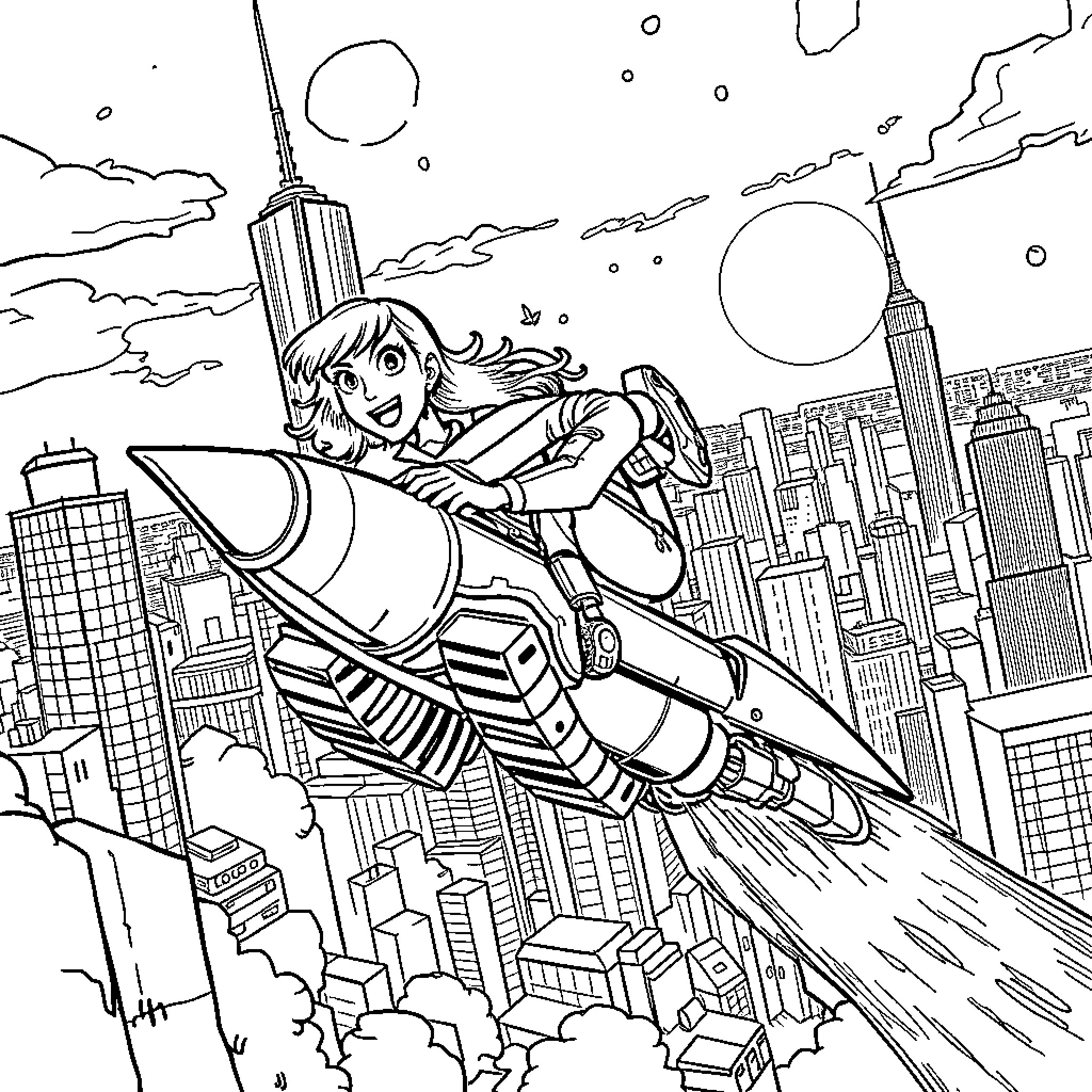 Tank Girl soaring through the city skyline Coloring Page (free black-and-white line drawing printable PDF for all, from beginners to advanced learners, including children, teens, adults, and seniors)