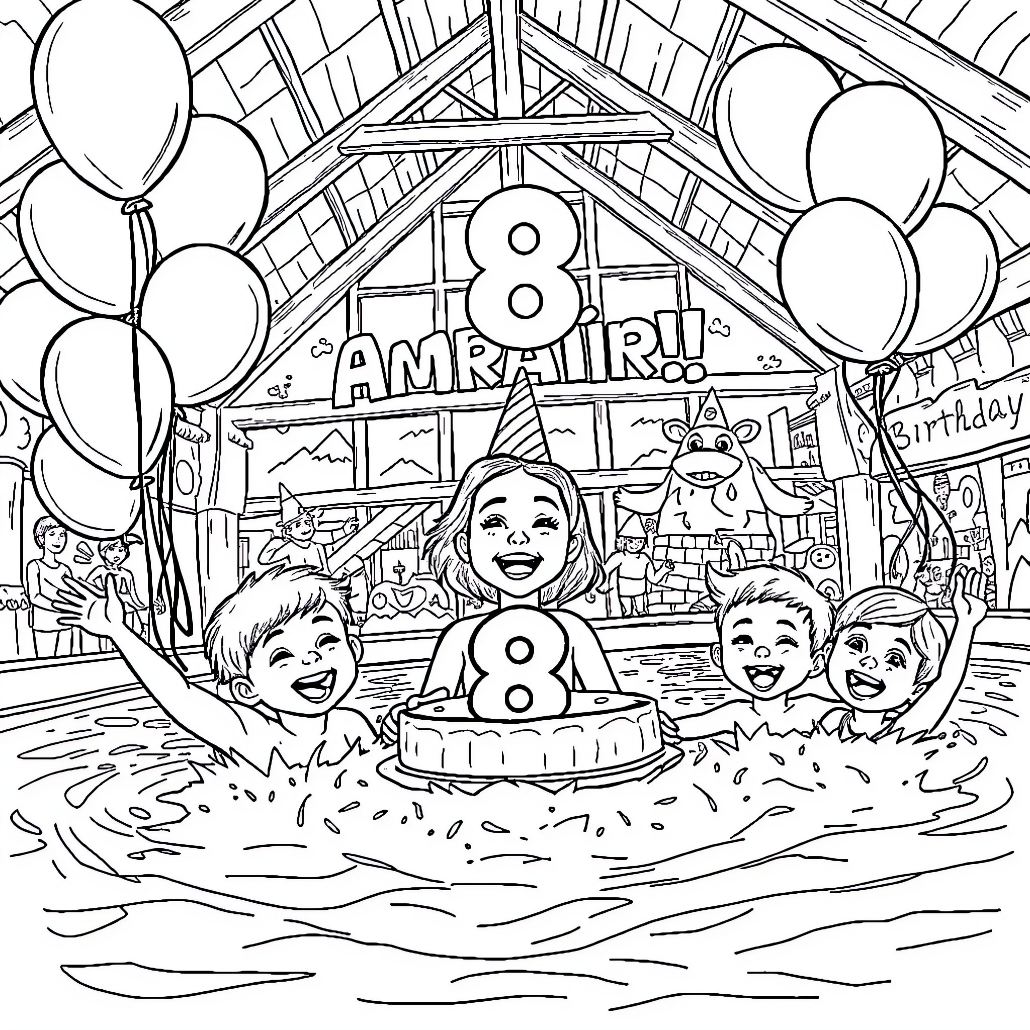Birthday Celebration with Balloons and Cake Coloring Page (free black-and-white line drawing printable PDF for all, from beginners to advanced learners, including children, teens, adults, and seniors)