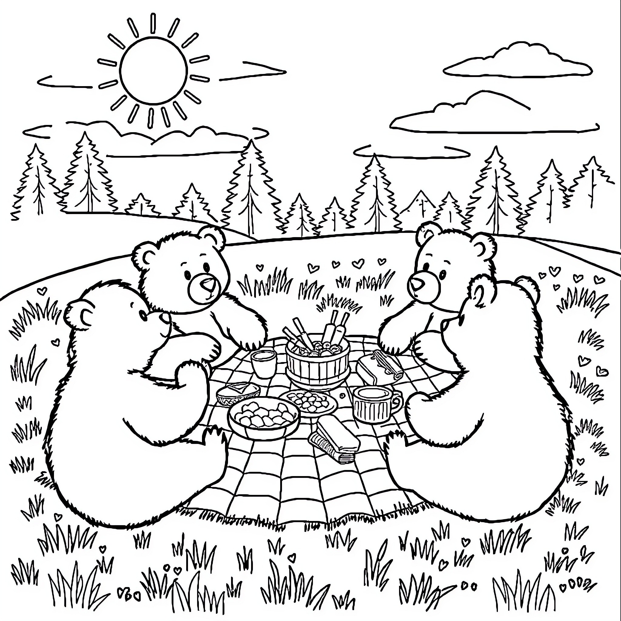 Bear family having a picnic in the forest Coloring Page (free black-and-white line drawing printable PDF for all, from beginners to advanced learners, including children, teens, adults, and seniors)