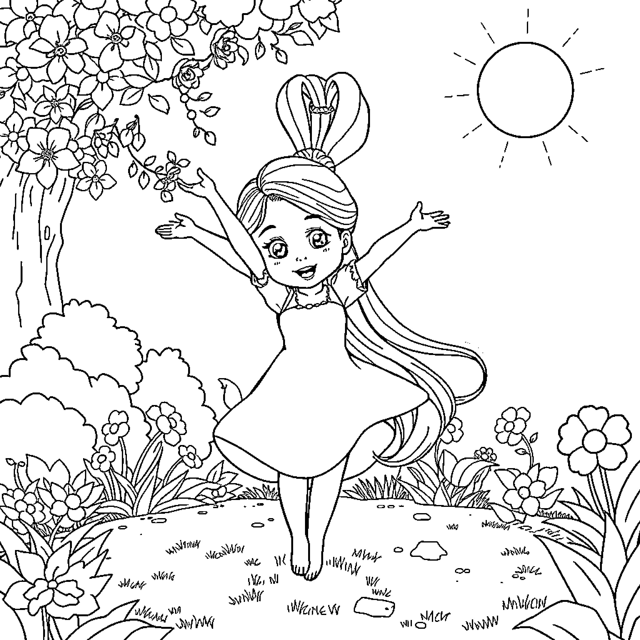 Rapunzel enjoying a sunny day in a floral meadow Coloring Page (free black-and-white line drawing printable PDF for all, from beginners to advanced learners, including children, teens, adults, and seniors)
