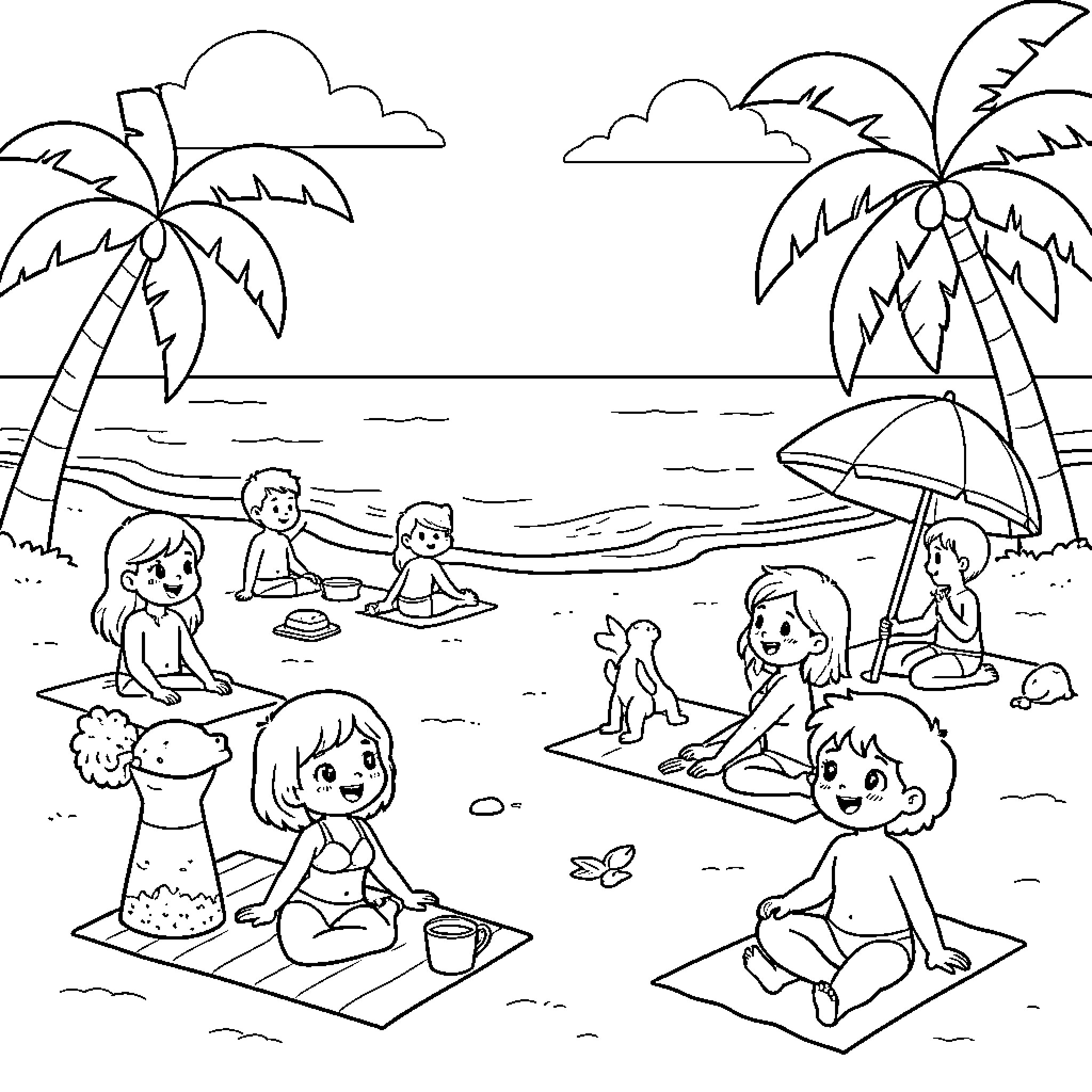 Kawaii children playing and relaxing on a sunny beach Coloring Page (free black-and-white line drawing printable PDF for all, from beginners to advanced learners, including children, teens, adults, and seniors)