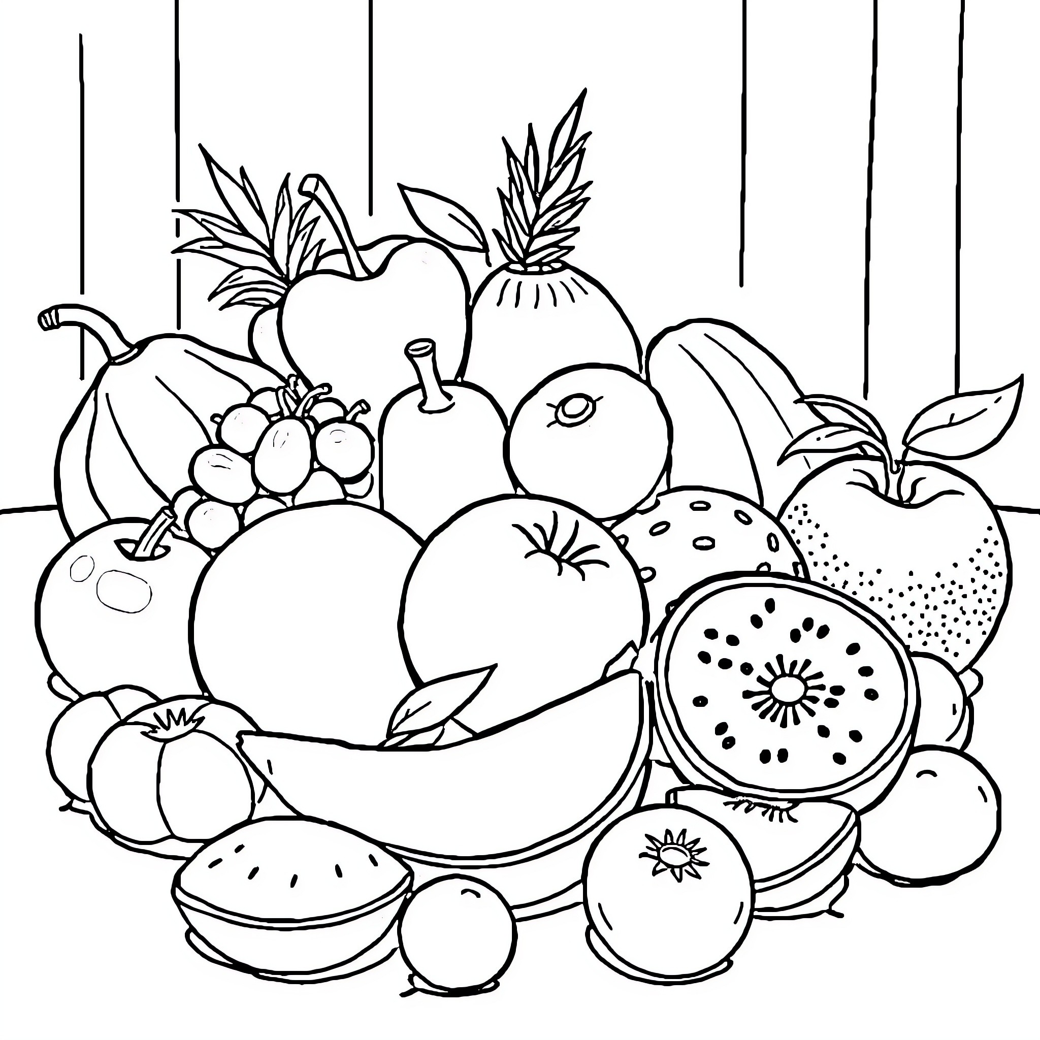Fruit Variety in Artistic Arrangement Coloring Page (free black-and-white line drawing printable PDF for all, from beginners to advanced learners, including children, teens, adults, and seniors)