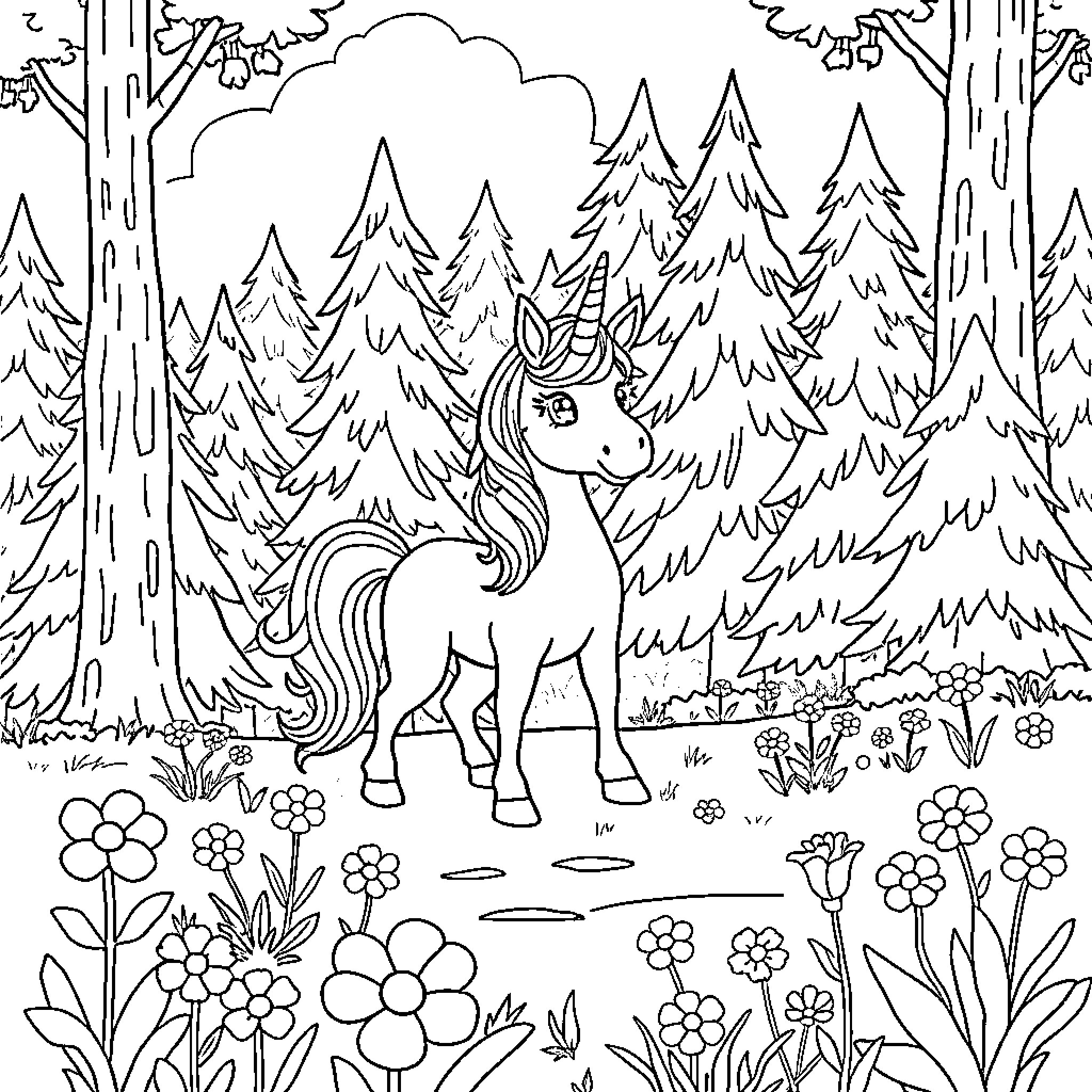 Unicorn exploring the enchanted forest Coloring Page (free black-and-white line drawing printable PDF for all, from beginners to advanced learners, including children, teens, adults, and seniors)