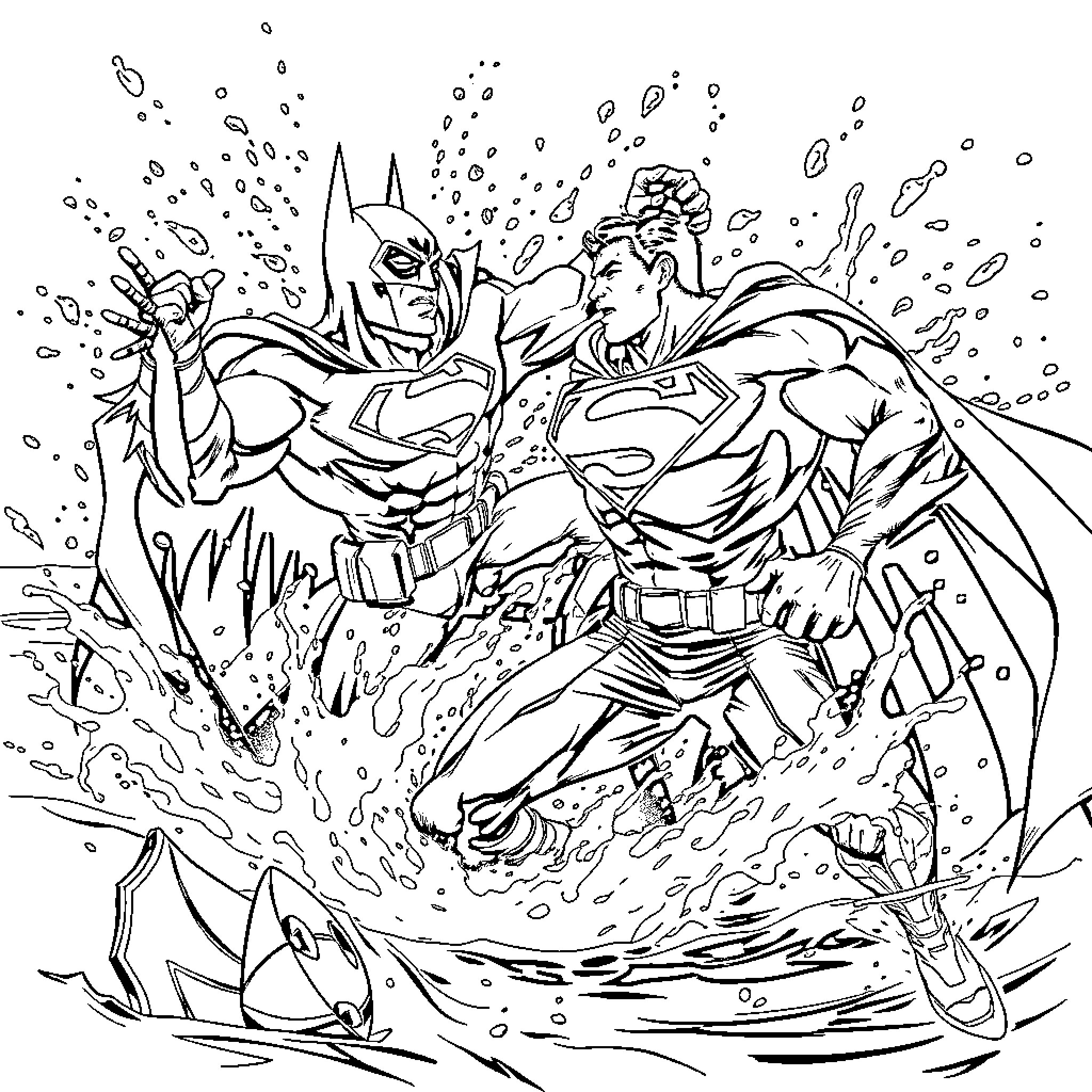 Batman and Superman in epic battle Coloring Page (free black-and-white line drawing printable PDF for all, from beginners to advanced learners, including children, teens, adults, and seniors)