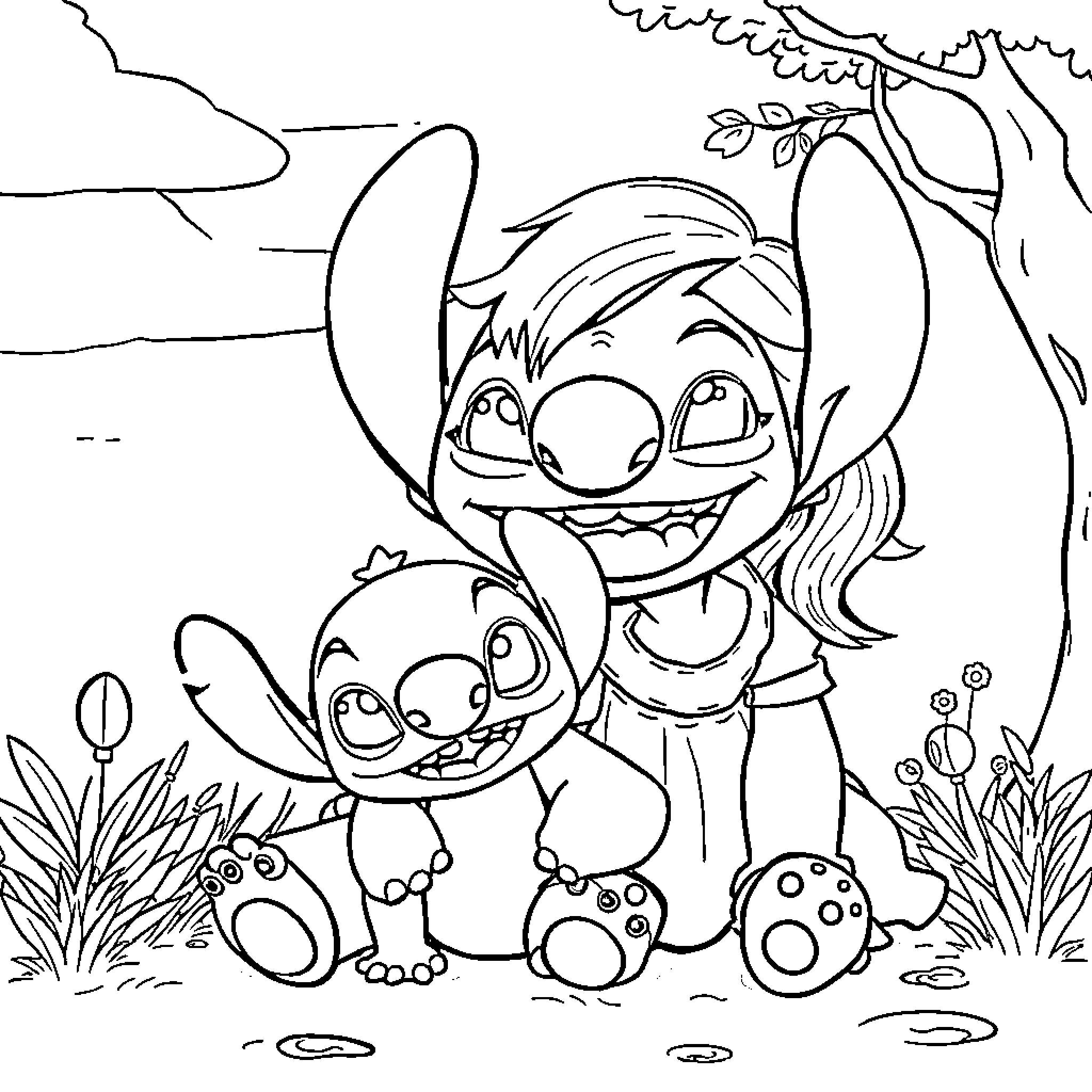 Camille and Stitch enjoying the outdoors Coloring Page (free black-and-white line drawing printable PDF for all, from beginners to advanced learners, including children, teens, adults, and seniors)