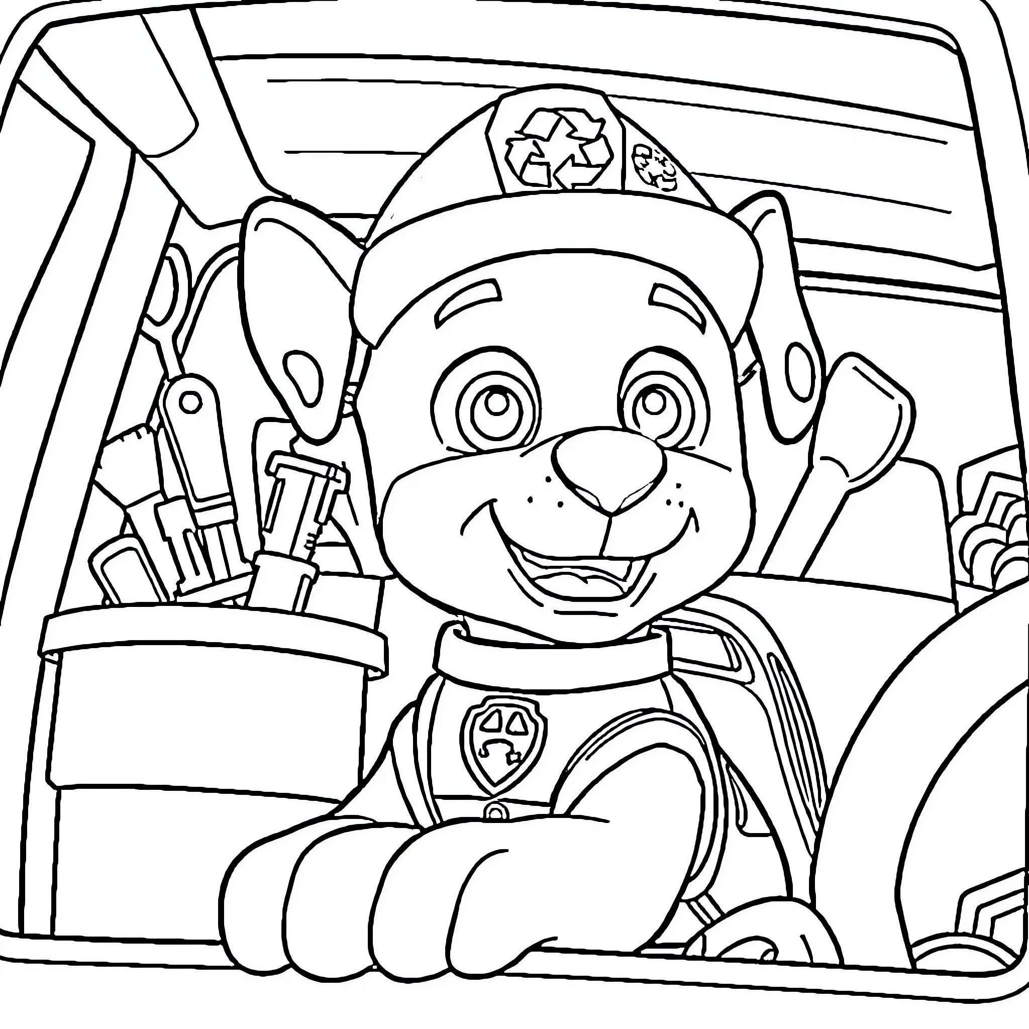 Rocky Cartoon Puppy in Rescue Vehicle Coloring Page (free black-and-white line drawing printable PDF for all, from beginners to advanced learners, including children, teens, adults, and seniors)