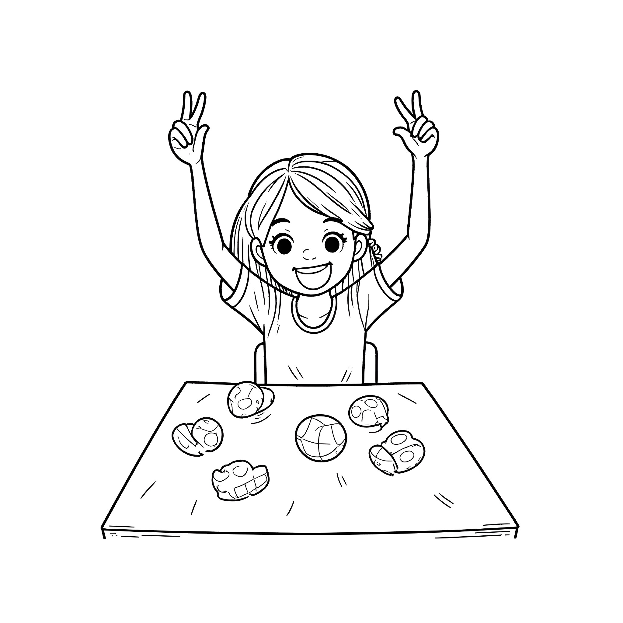 Girl celebrating with uplifted arms Coloring Page (free black-and-white line drawing printable PDF for all, from beginners to advanced learners, including children, teens, adults, and seniors)