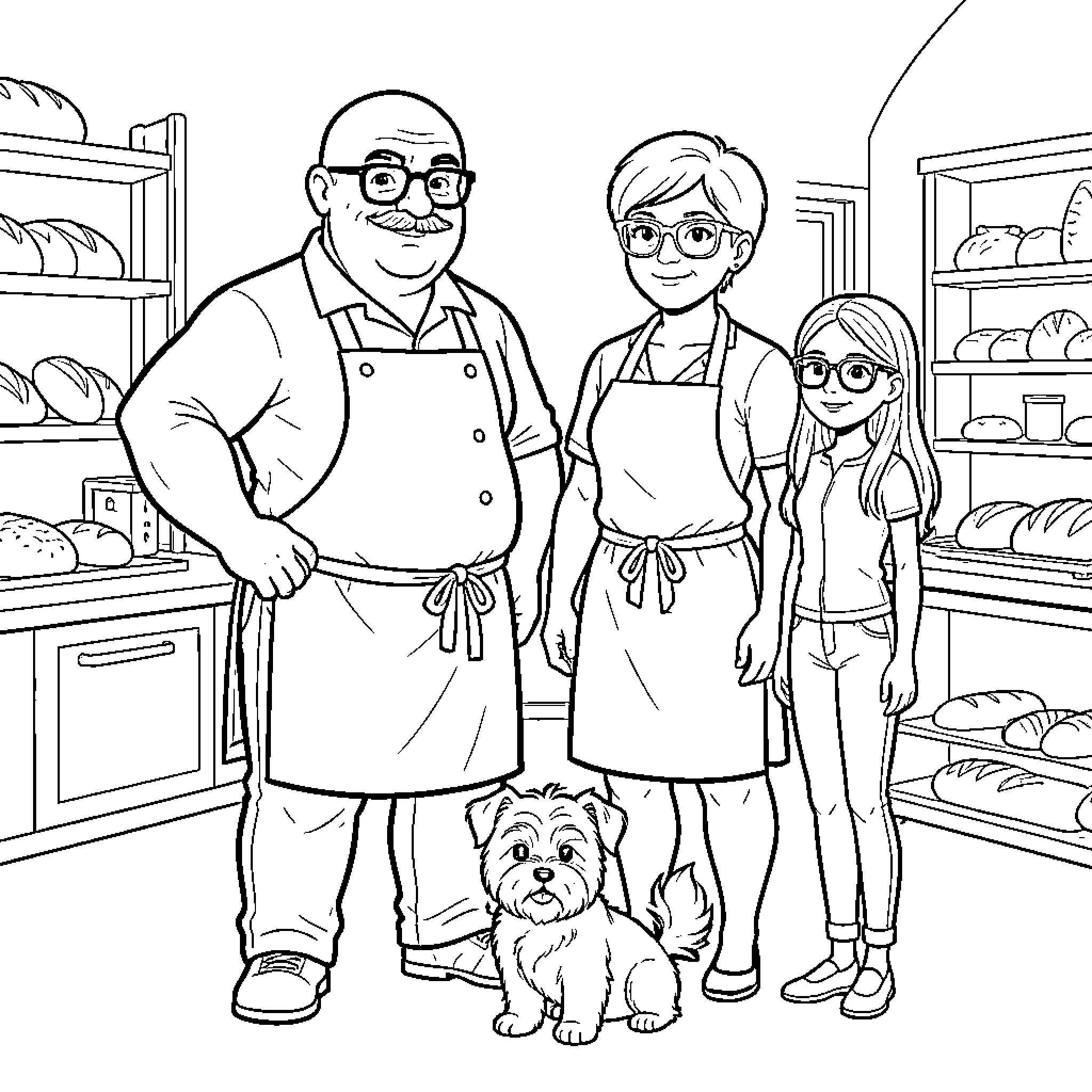 Baker family posing together in a bakery shop Coloring Page (free black-and-white line drawing printable PDF for all, from beginners to advanced learners, including children, teens, adults, and seniors)