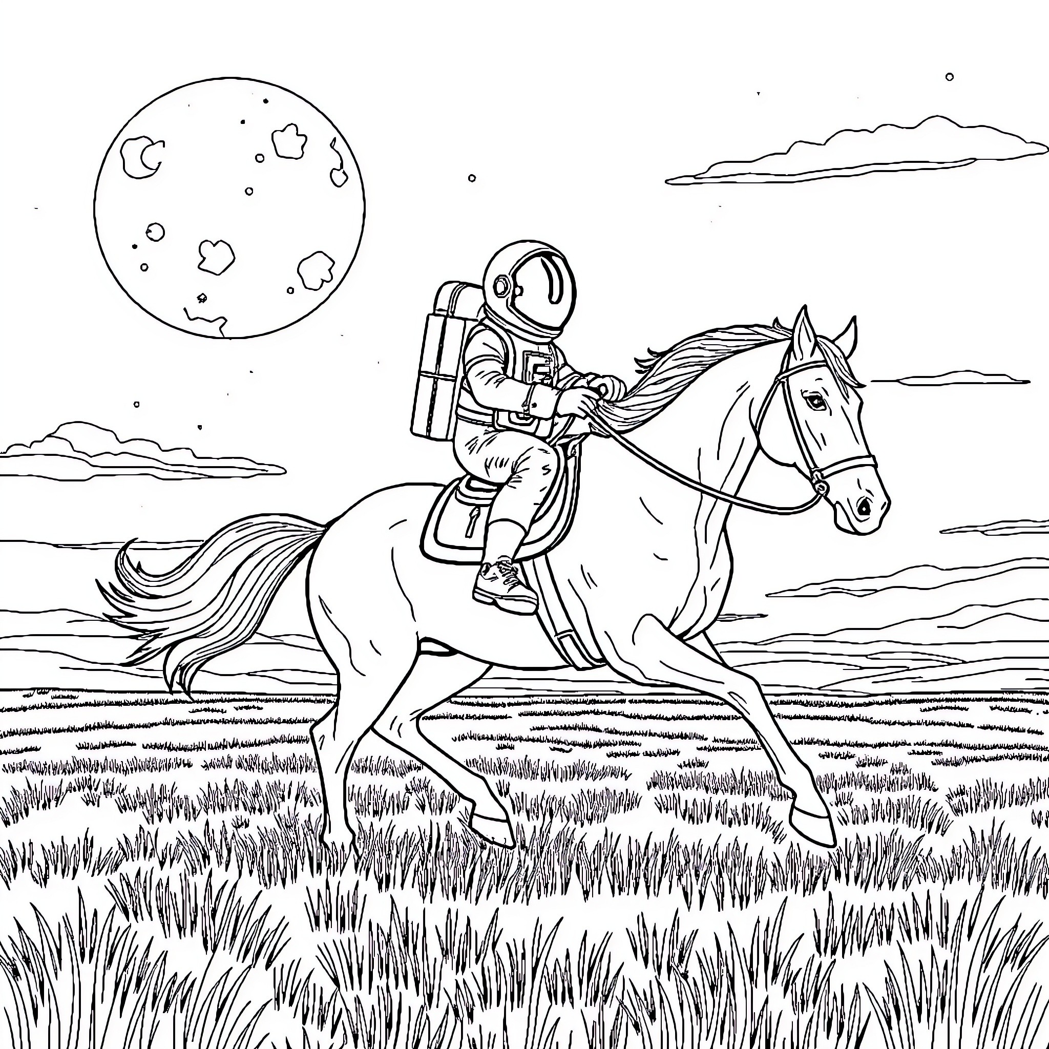 Astronaut riding horse across moonlit landscape Coloring Page (free black-and-white line drawing printable PDF for all, from beginners to advanced learners, including children, teens, adults, and seniors)