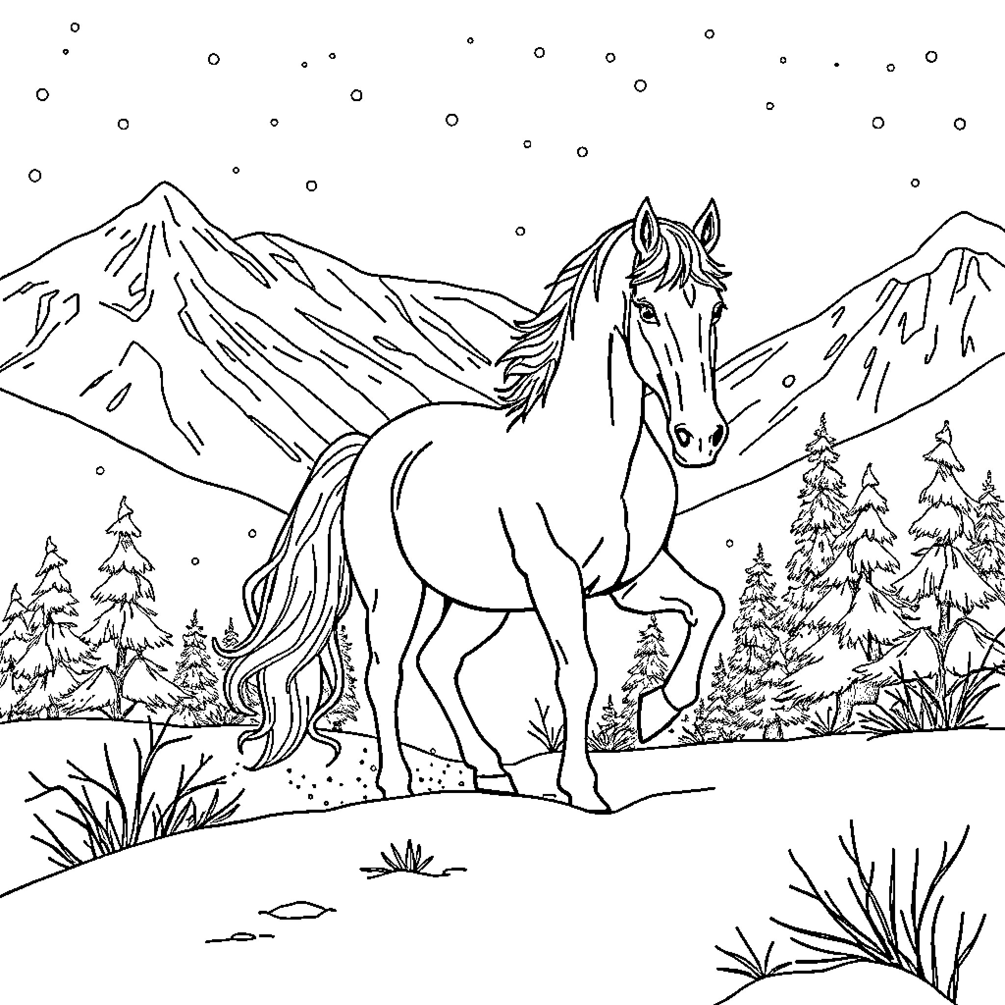 Snow Queen's Enchanted Winter Wonderland Coloring Page (free black-and-white line drawing printable PDF for all, from beginners to advanced learners, including children, teens, adults, and seniors)