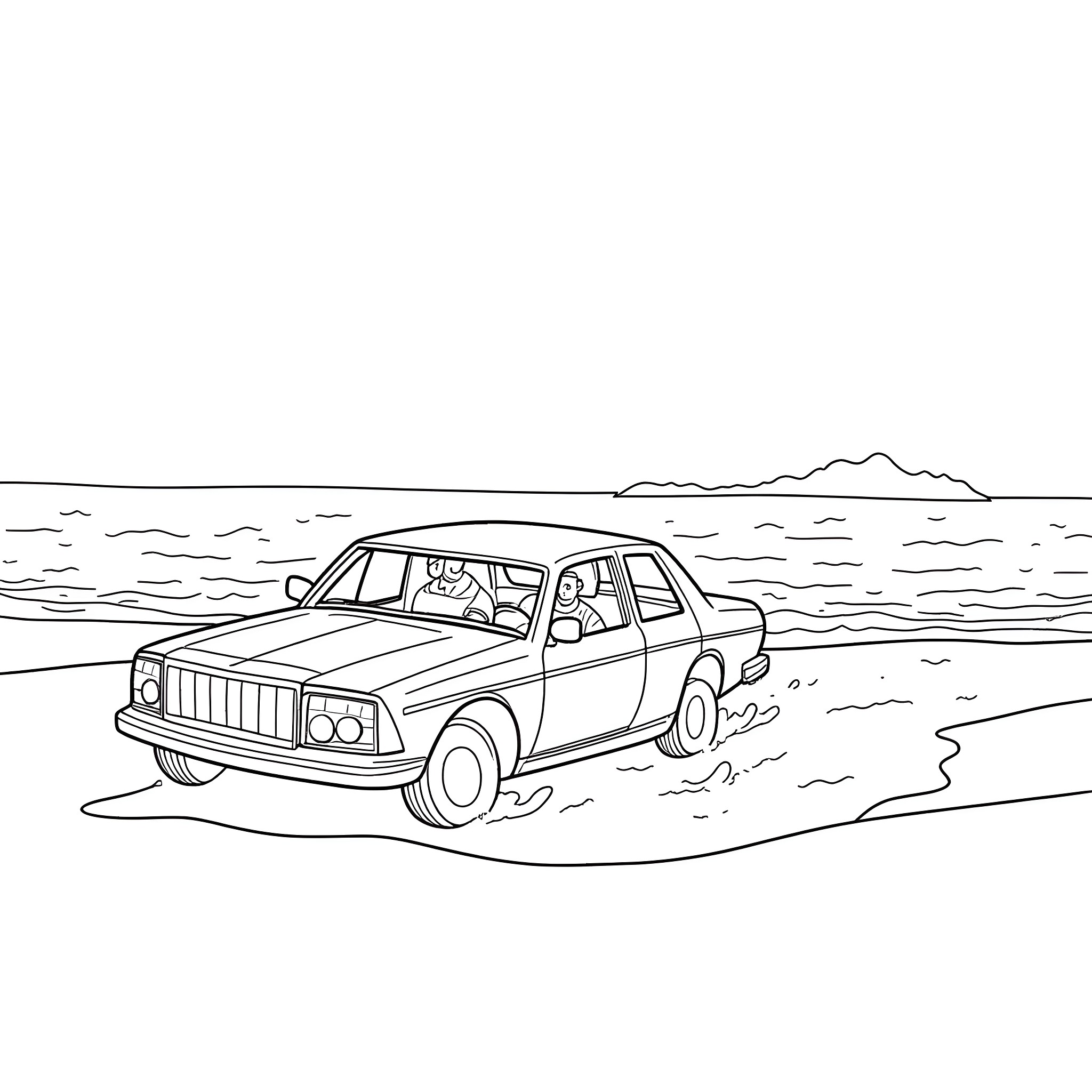 Man drives sedan through shallow water Coloring Page (free black-and-white line drawing printable PDF for all, from beginners to advanced learners, including children, teens, adults, and seniors)