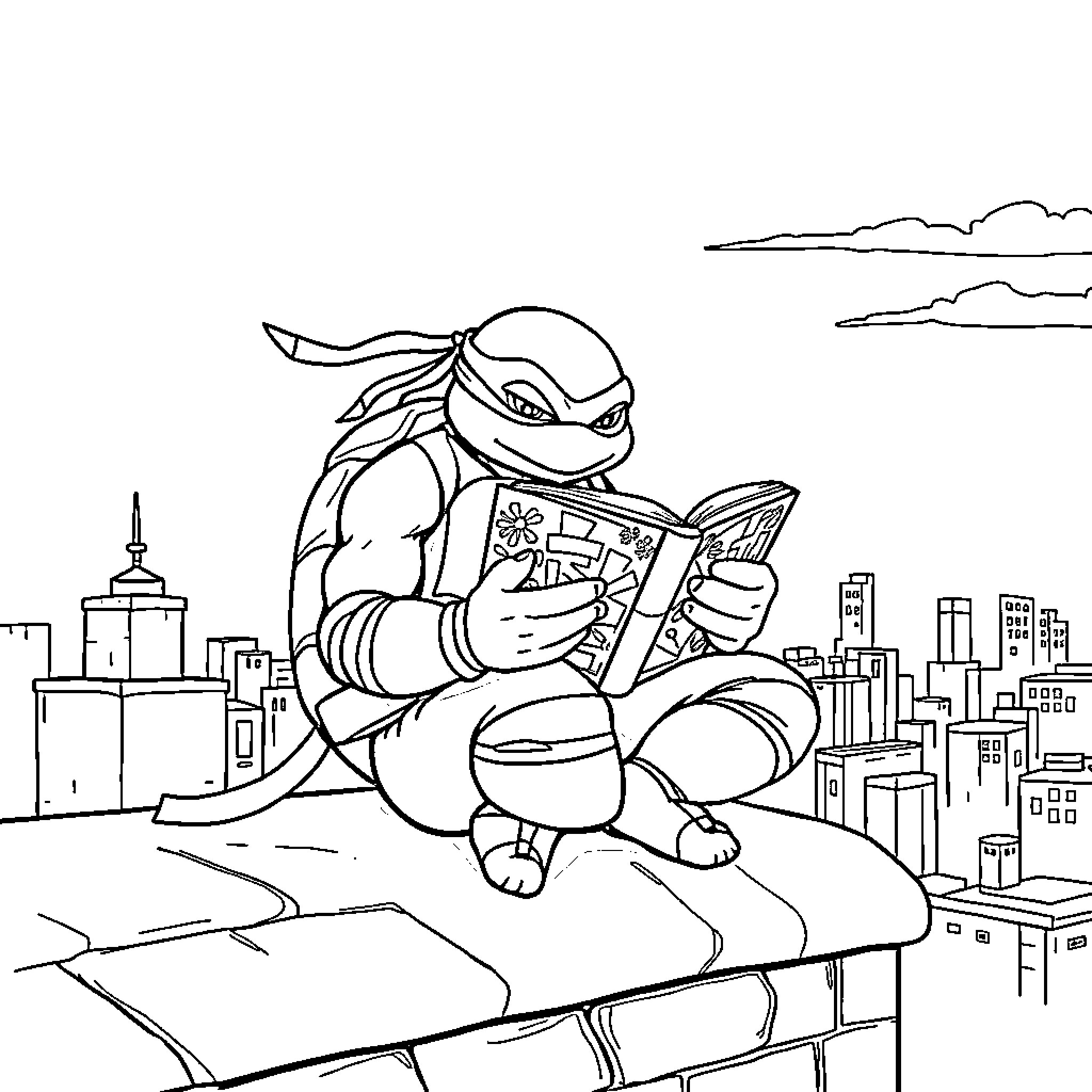 Ninja Turtle reading a book in the city Coloring Page (free black-and-white line drawing printable PDF for all, from beginners to advanced learners, including children, teens, adults, and seniors)