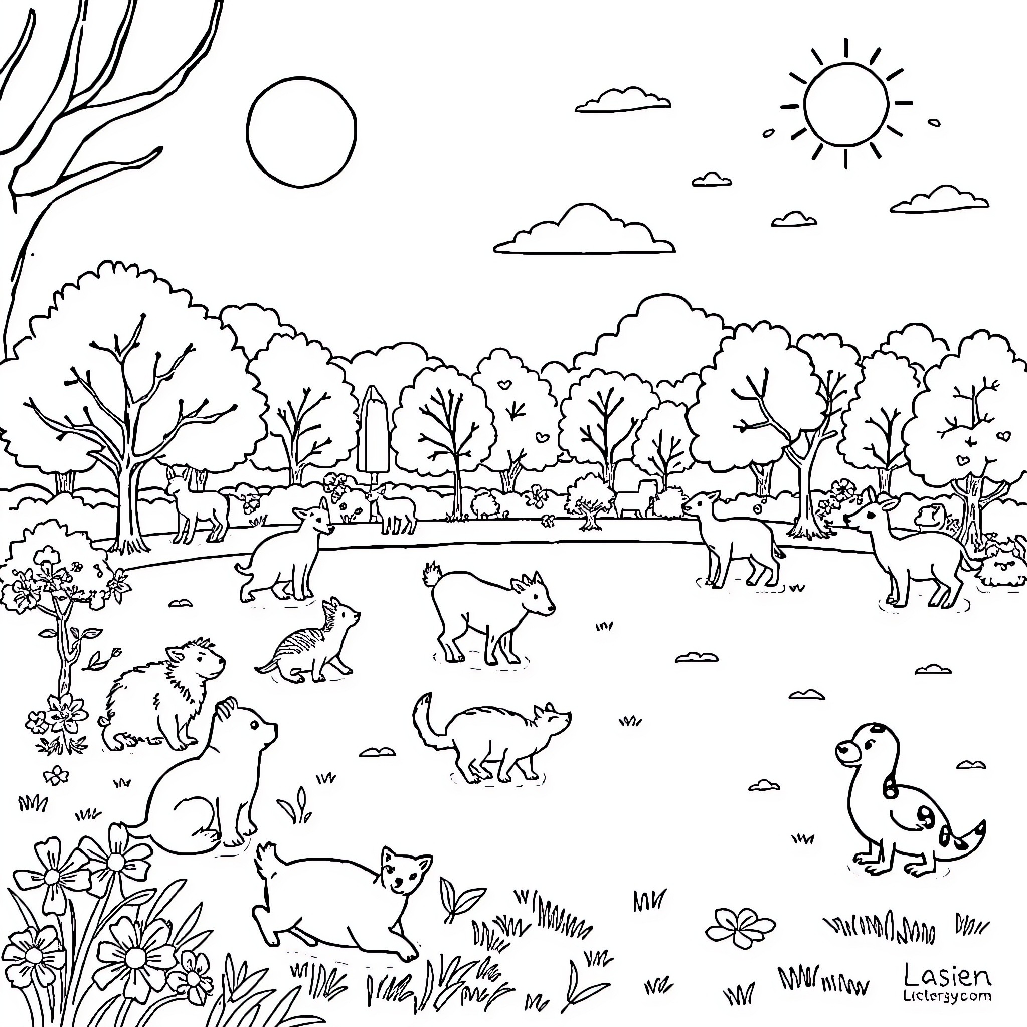 Animal park scene with diverse wildlife Coloring Page (free black-and-white line drawing printable PDF for all, from beginners to advanced learners, including children, teens, adults, and seniors)