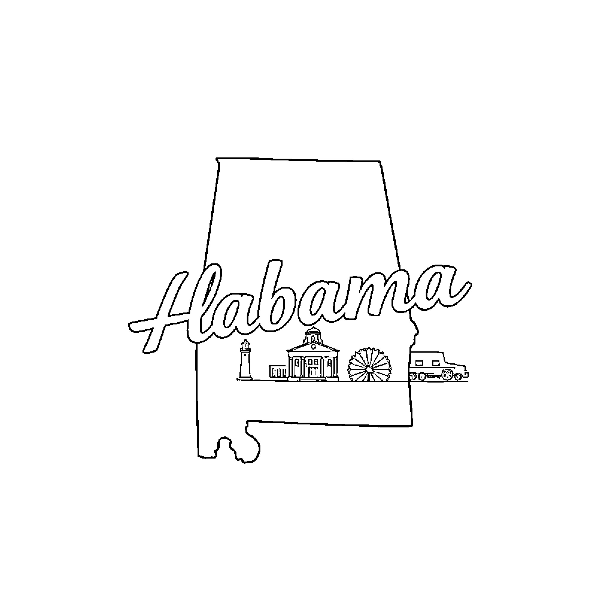 Alabama State Outline with Iconic Landmarks Coloring Page (free black-and-white line drawing printable PDF for all, from beginners to advanced learners, including children, teens, adults, and seniors)