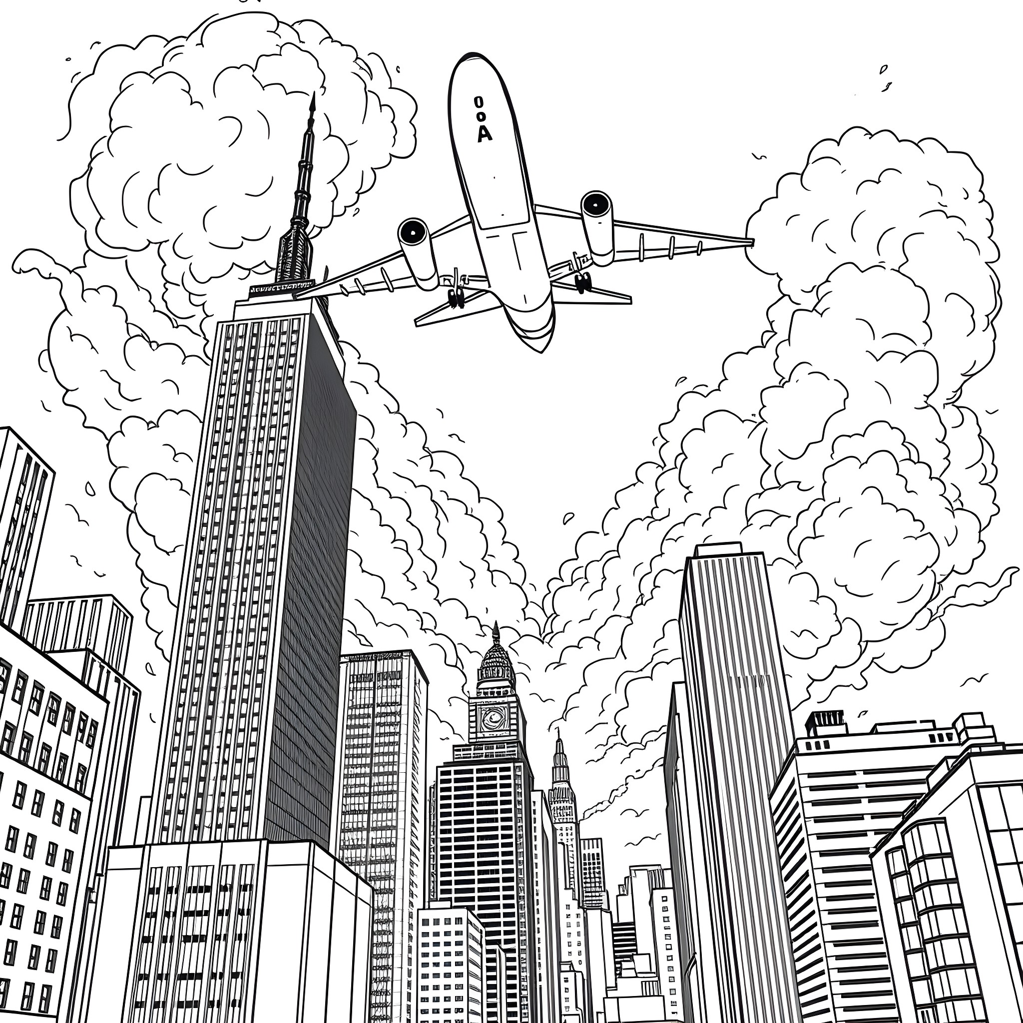 Airplane soaring over a bustling city skyline Coloring Page (free black-and-white line drawing printable PDF for all, from beginners to advanced learners, including children, teens, adults, and seniors)