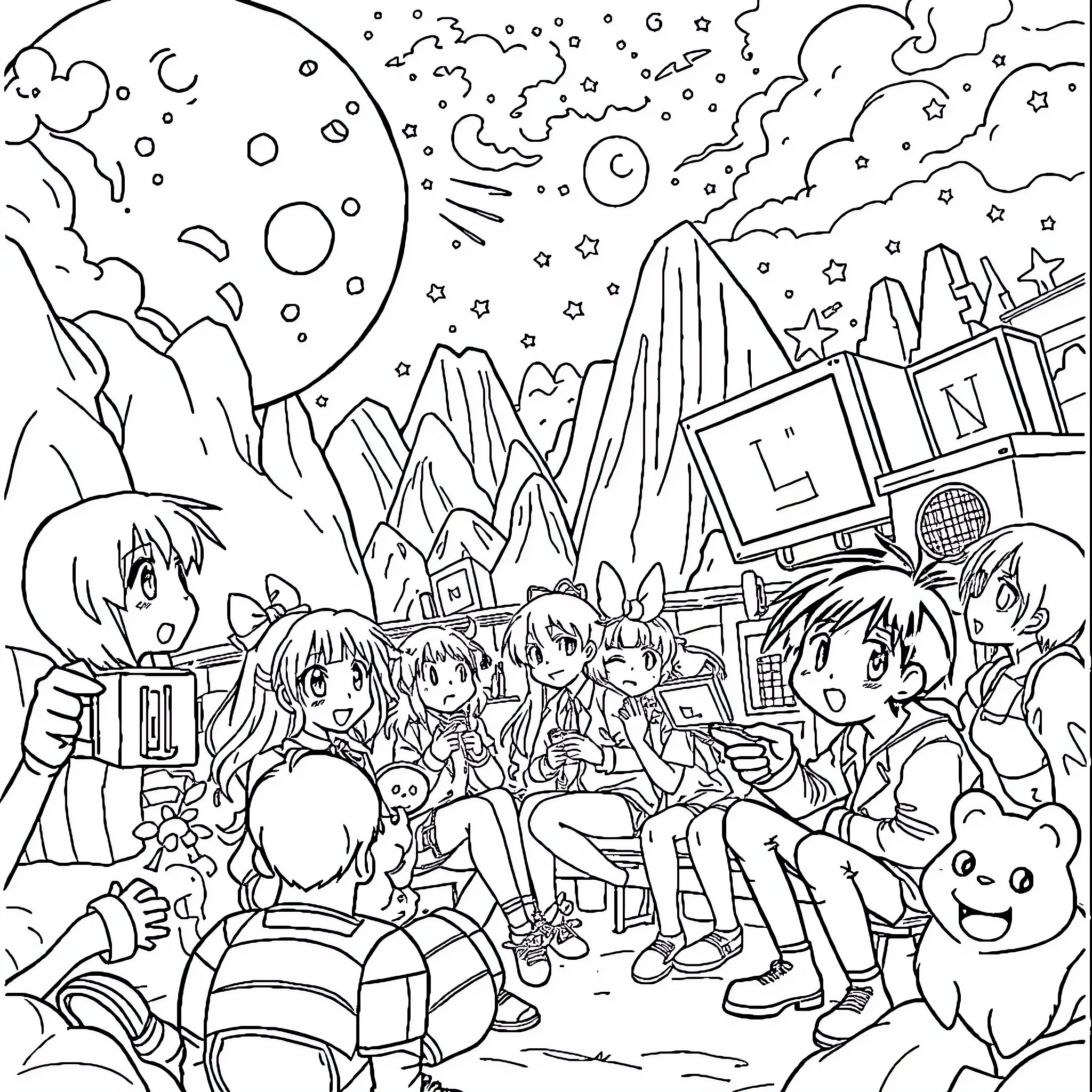 Anime Characters Explore Fantastical Landscape Coloring Page (free black-and-white line drawing printable PDF for all, from beginners to advanced learners, including children, teens, adults, and seniors)