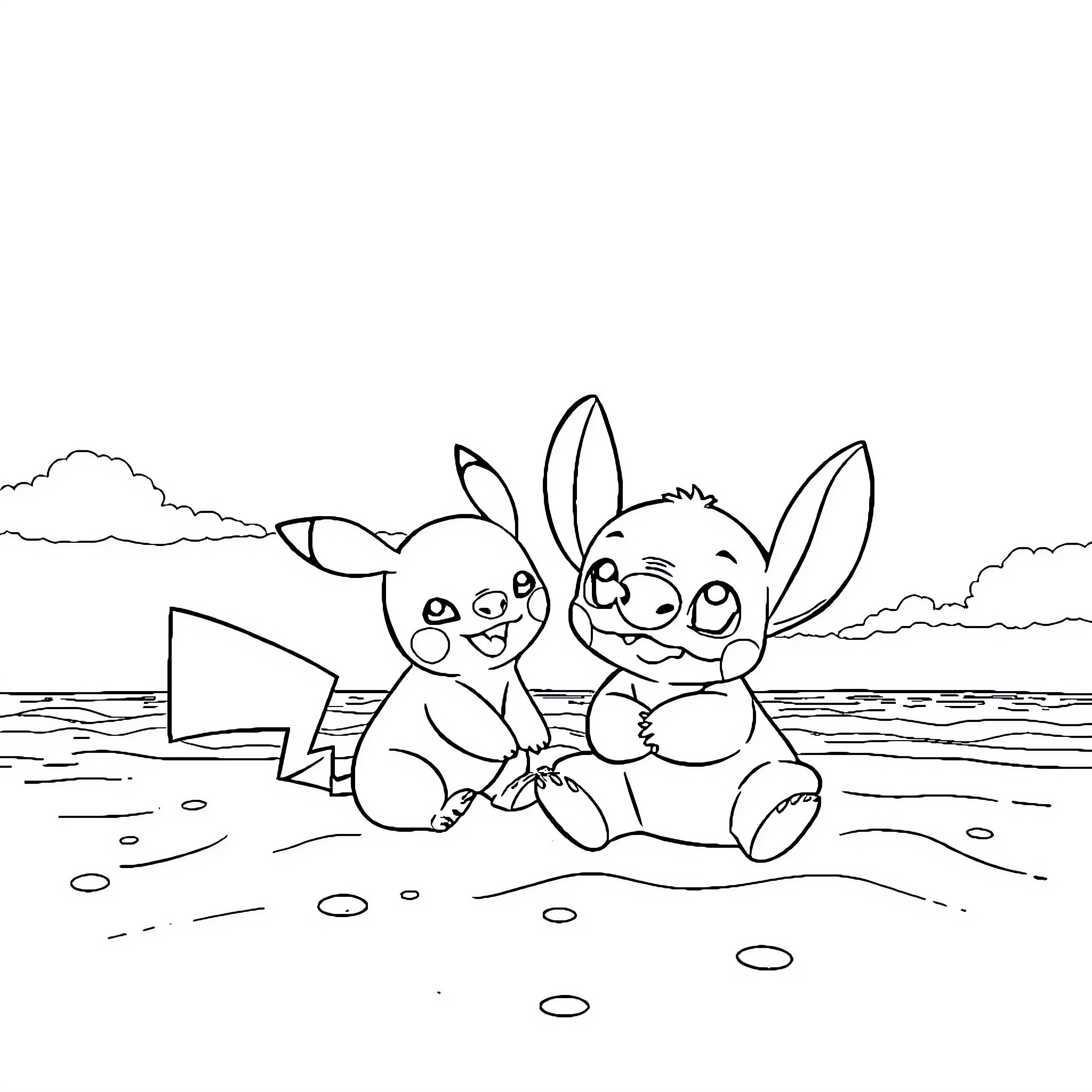 Pikachu playing with friends on the beach Coloring Page (free black-and-white line drawing printable PDF for all, from beginners to advanced learners, including children, teens, adults, and seniors)
