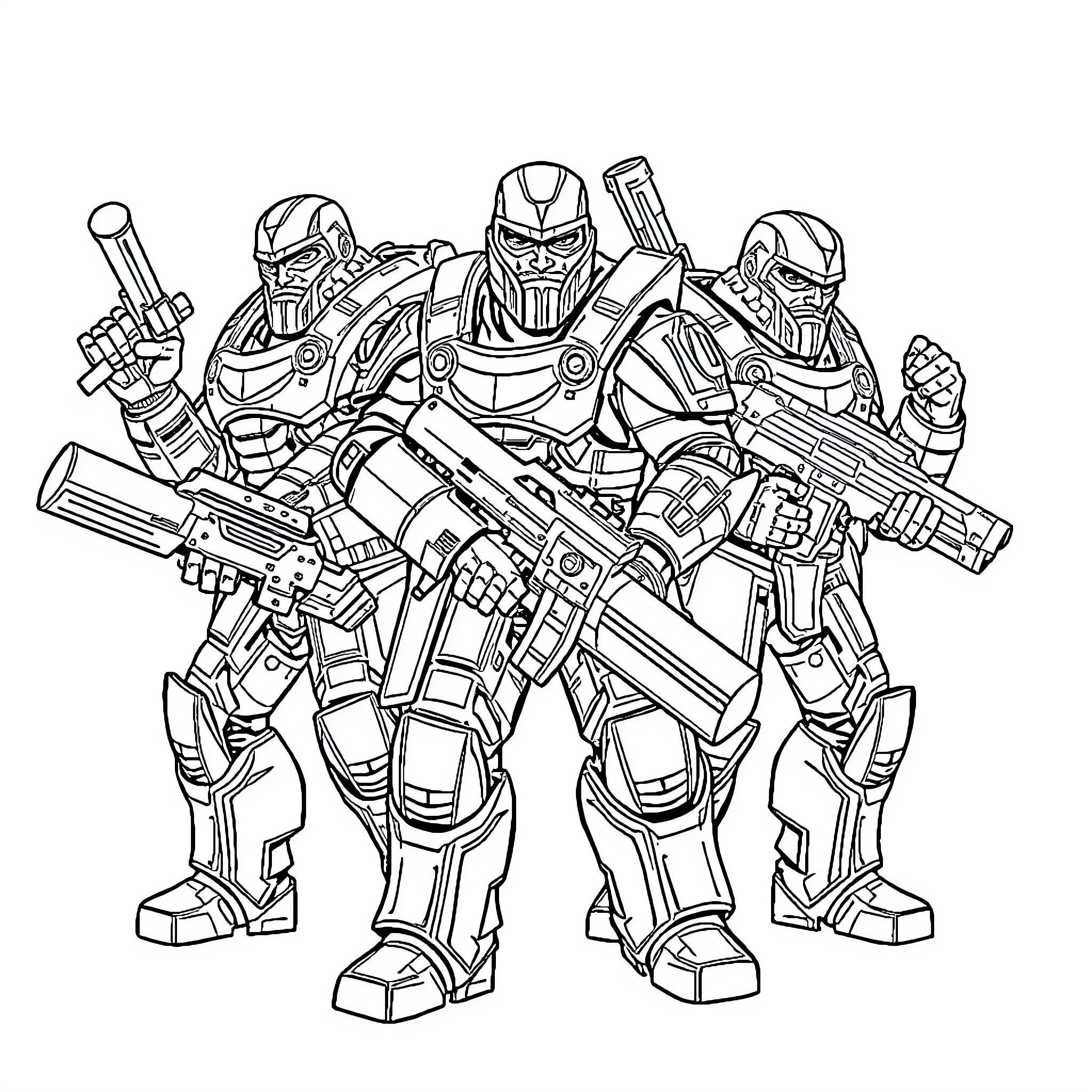 Hero Cyborgs in Futuristic Battle Gear Coloring Page (free black-and-white line drawing printable PDF for all, from beginners to advanced learners, including children, teens, adults, and seniors)