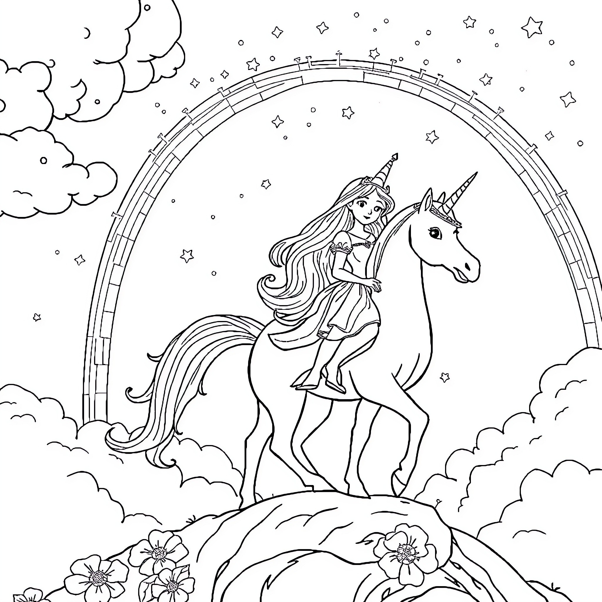 Princess Riding Unicorn in Enchanted Landscape Coloring Page (free black-and-white line drawing printable PDF for all, from beginners to advanced learners, including children, teens, adults, and seniors)