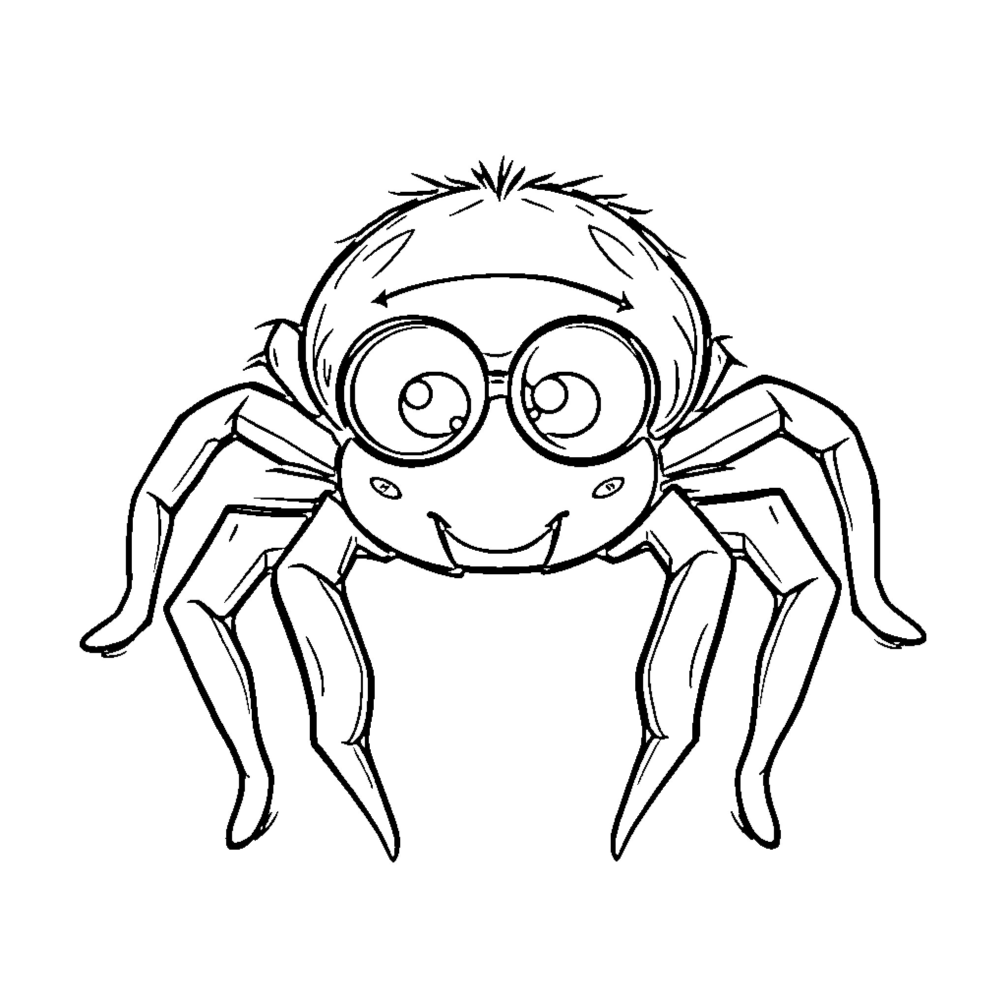 Spider with a happy expression Coloring Page (free black-and-white line drawing printable PDF for all, from beginners to advanced learners, including children, teens, adults, and seniors)