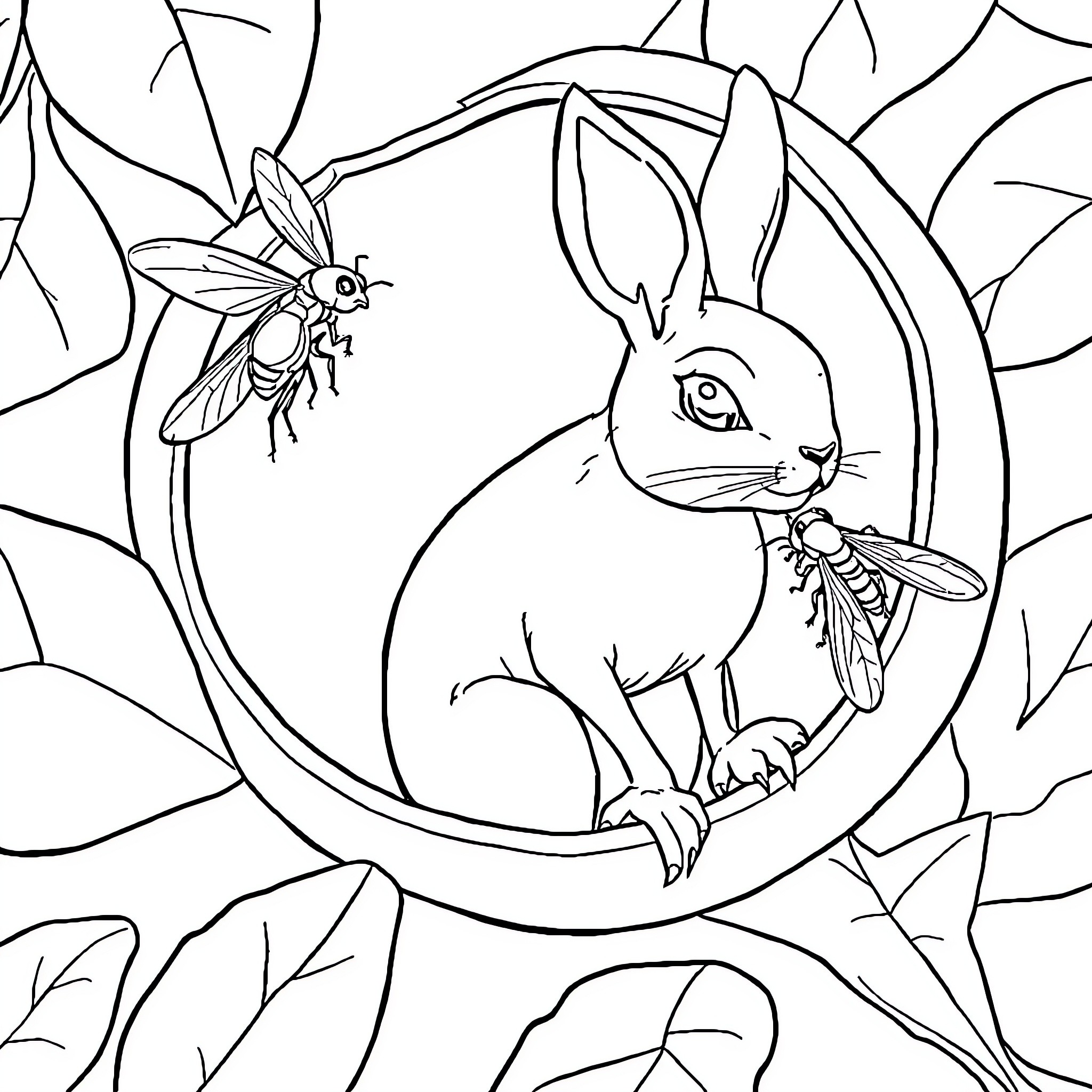 Frog and dragonfly in nature Coloring Page (free black-and-white line drawing printable PDF for all, from beginners to advanced learners, including children, teens, adults, and seniors)