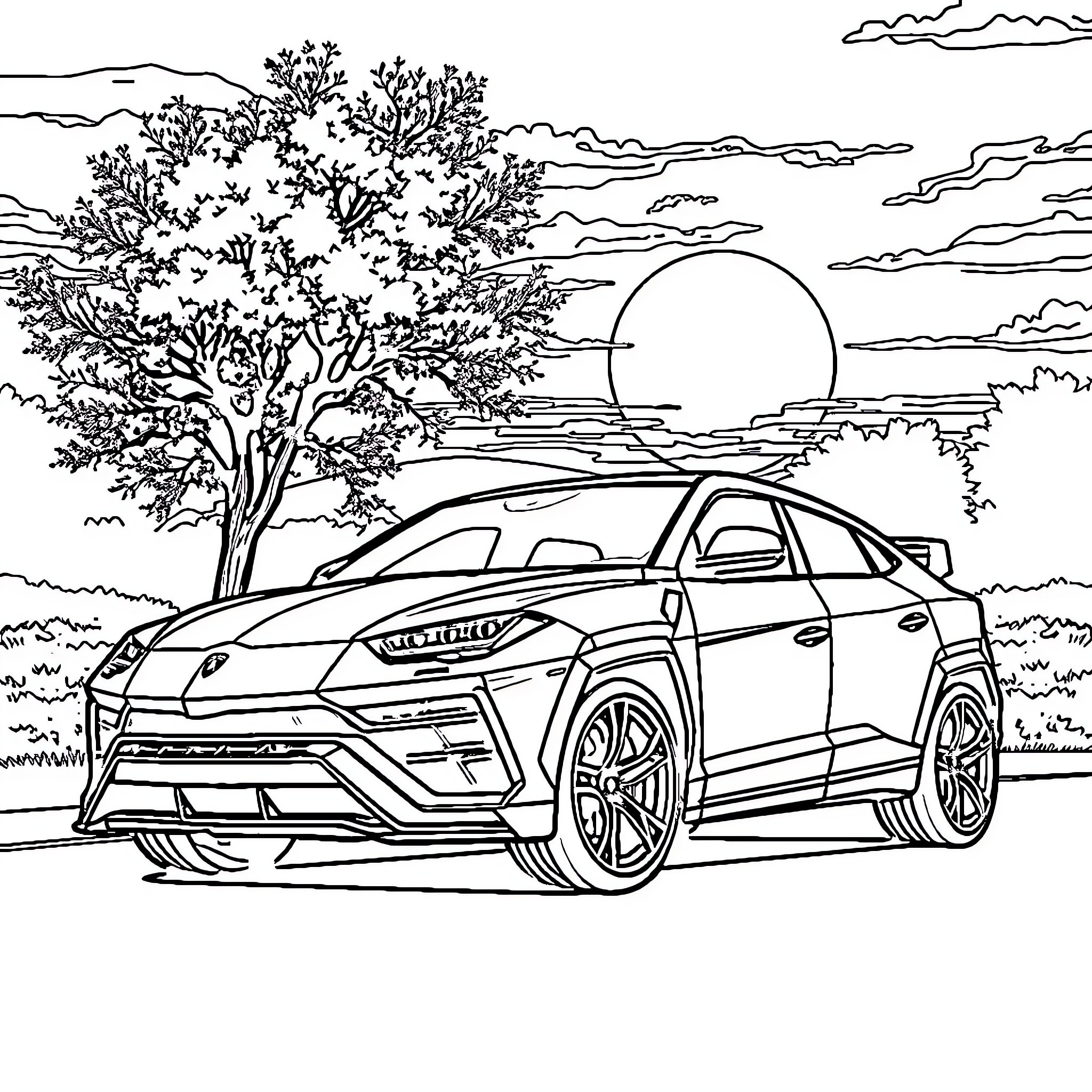 Lamborghini sports car in a scenic countryside setting Coloring Page (free black-and-white line drawing printable PDF for all, from beginners to advanced learners, including children, teens, adults, and seniors)