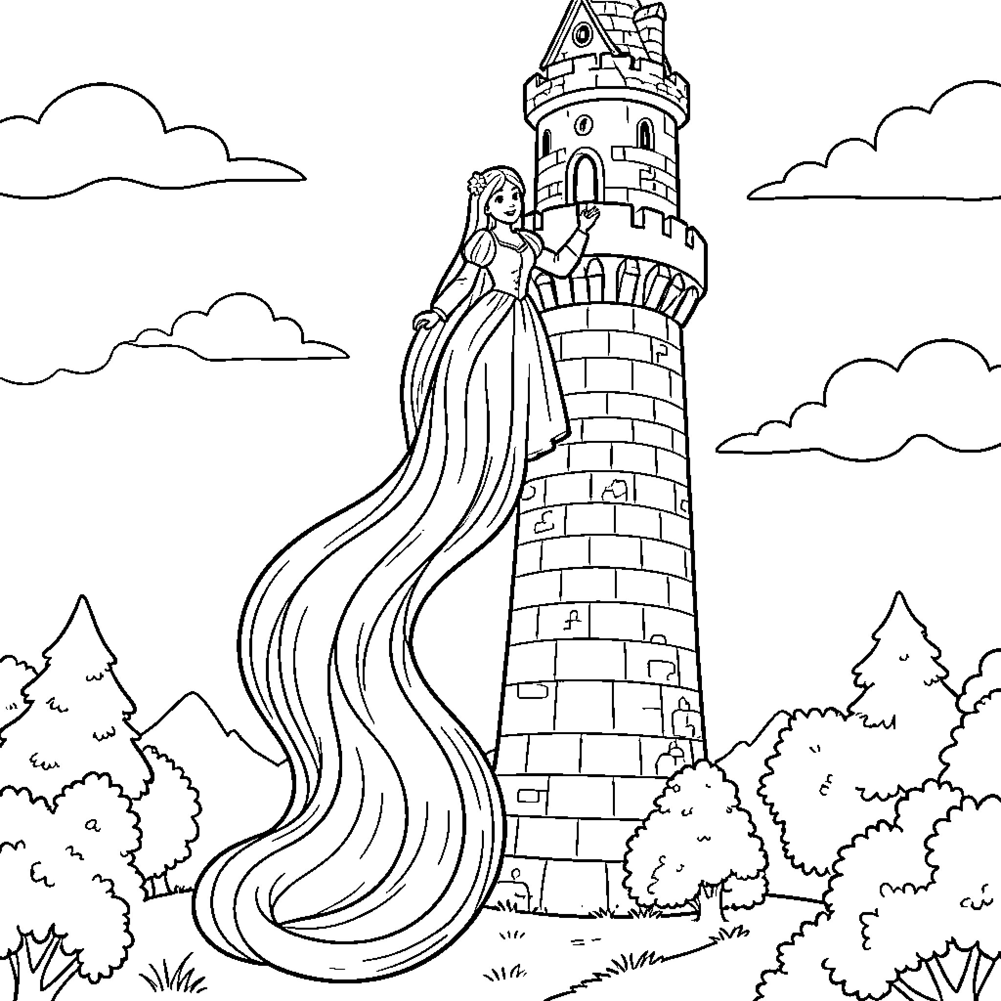 Rapunzel with long hair standing by a stone tower Coloring Page (free black-and-white line drawing printable PDF for all, from beginners to advanced learners, including children, teens, adults, and seniors)