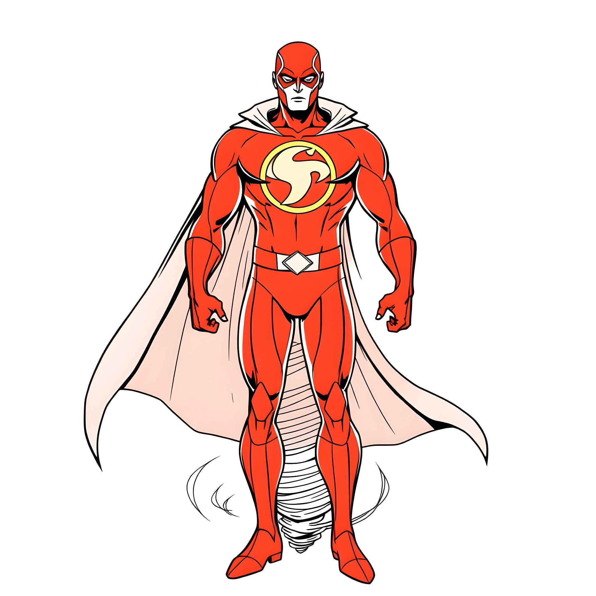 Red Tornado superhero in action-ready pose Coloring Page (free black-and-white line drawing printable PDF for all, from beginners to advanced learners, including children, teens, adults, and seniors)