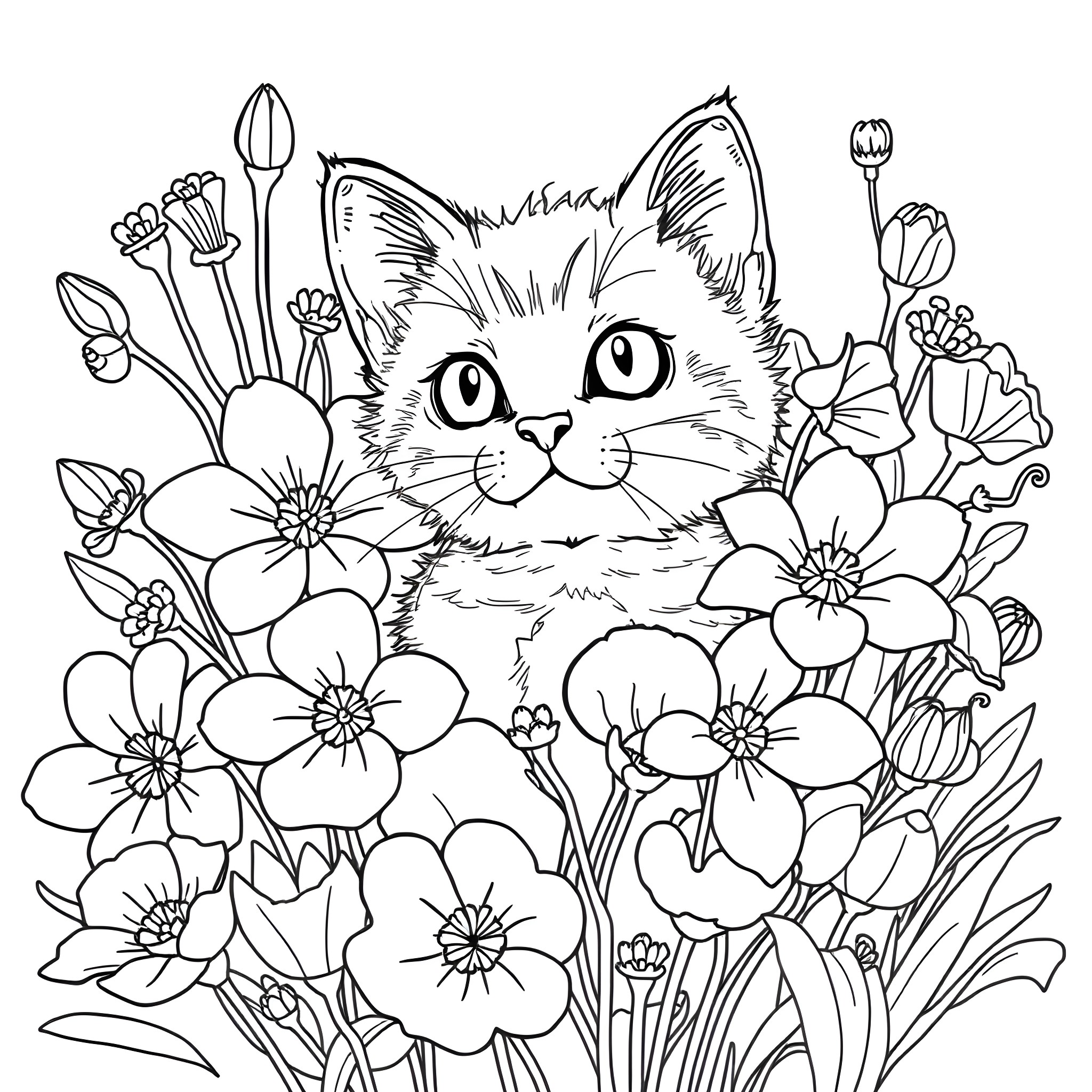 Cat surrounded by beautiful flowers Coloring Page (free black-and-white line drawing printable PDF for all, from beginners to advanced learners, including children, teens, adults, and seniors)