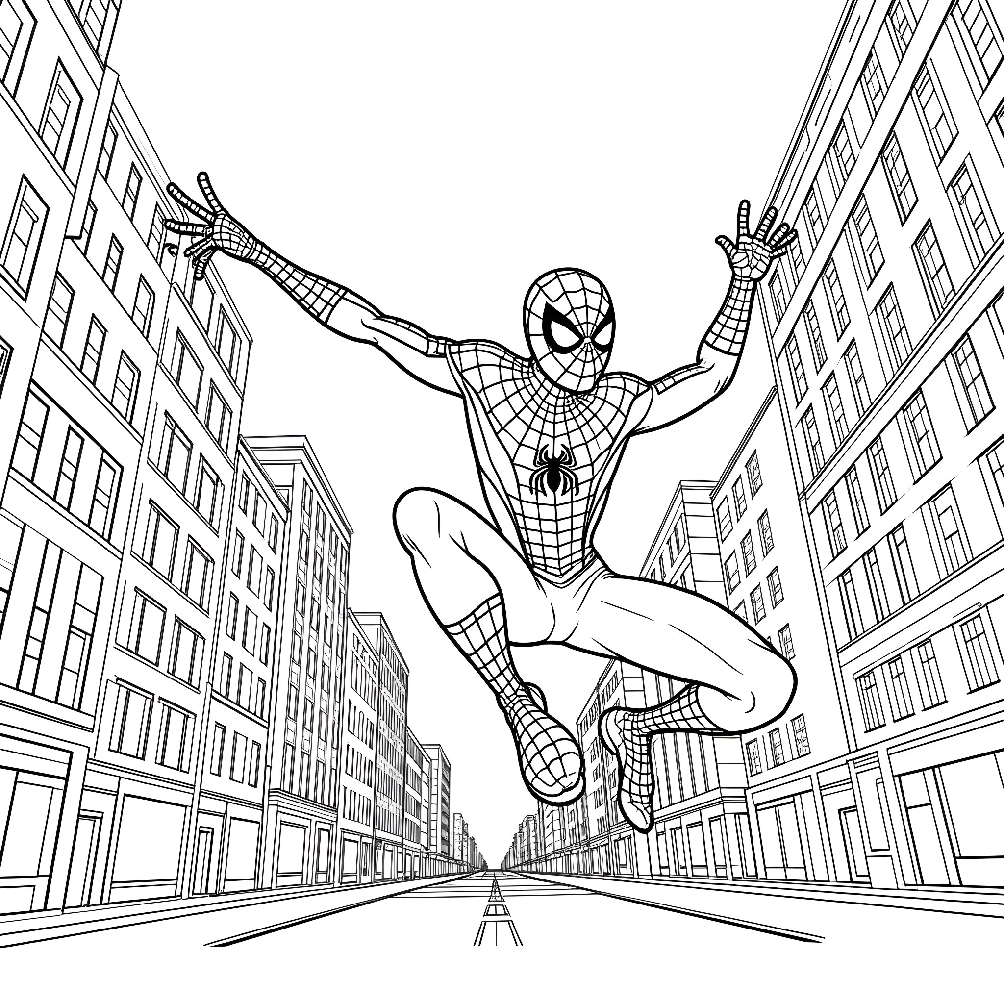 Spider-Man swinging through the city streets Coloring Page (free black-and-white line drawing printable PDF for all, from beginners to advanced learners, including children, teens, adults, and seniors)