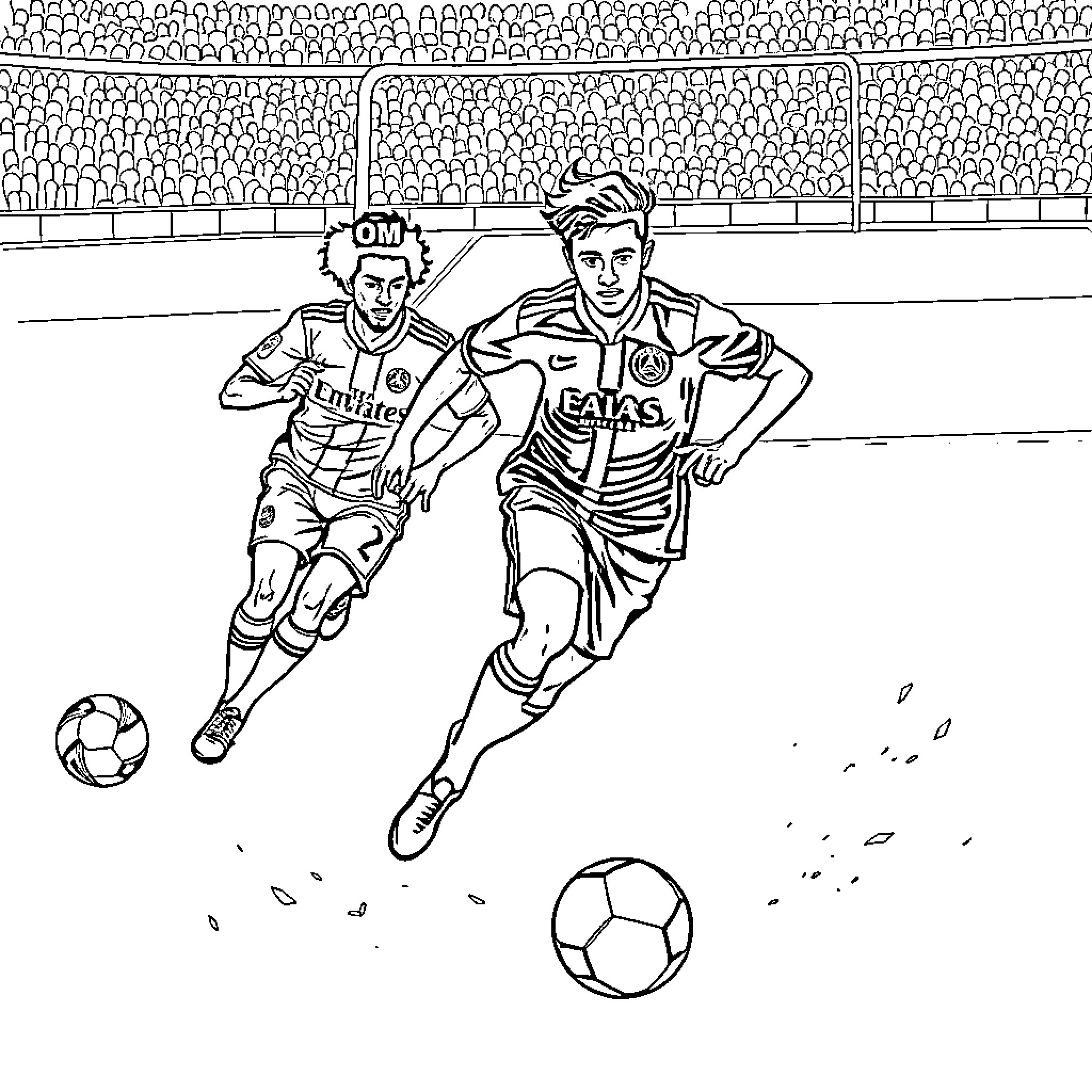 Football players competing on the field Coloring Page (free black-and-white line drawing printable PDF for all, from beginners to advanced learners, including children, teens, adults, and seniors)