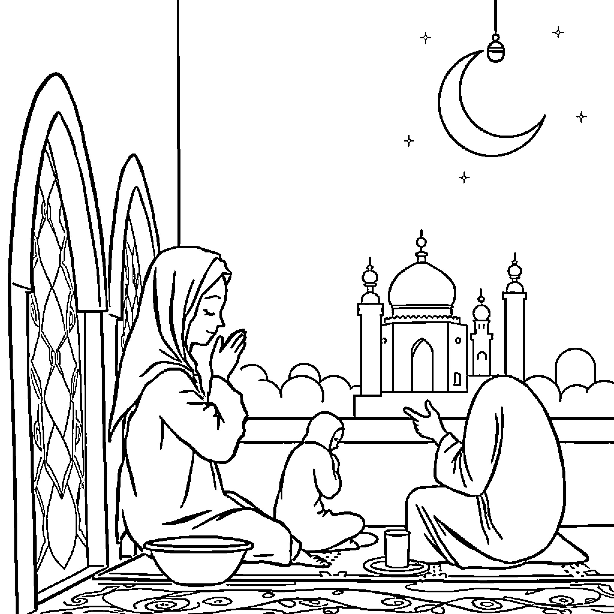 Fasting in a serene Islamic setting Coloring Page (free black-and-white line drawing printable PDF for all, from beginners to advanced learners, including children, teens, adults, and seniors)