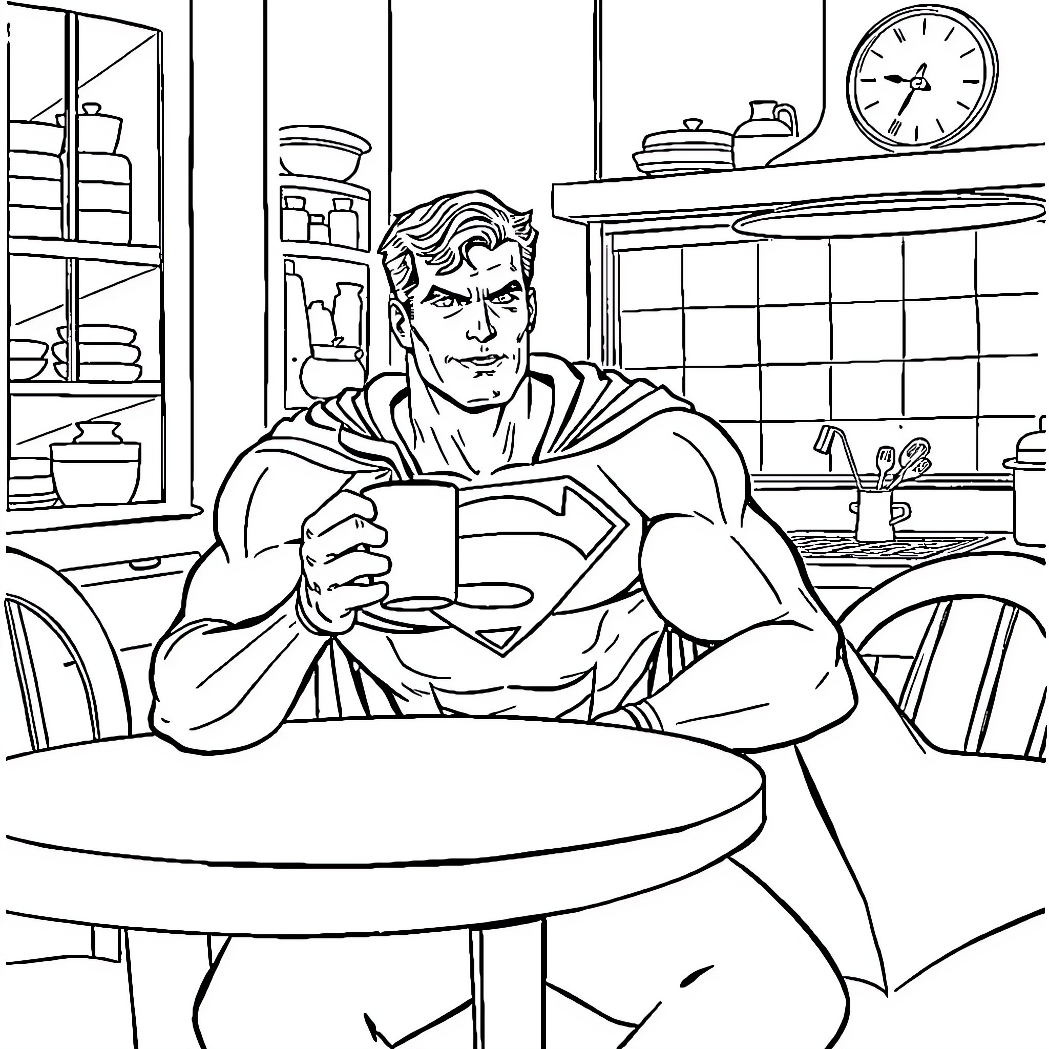 Superman relaxing in his kitchen Coloring Page (free black-and-white line drawing printable PDF for all, from beginners to advanced learners, including children, teens, adults, and seniors)