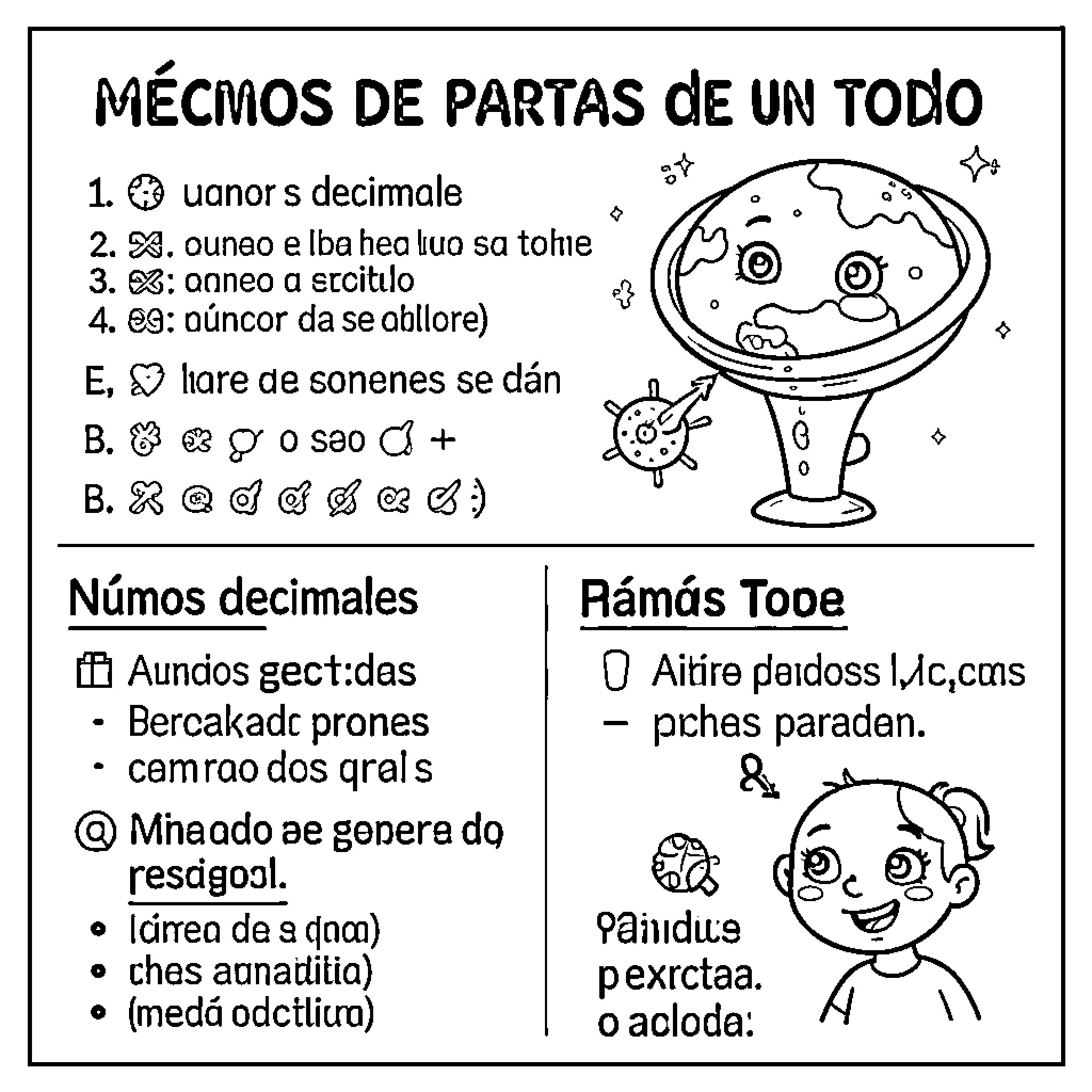 Decimal Numbers presented with educational characters and planetary illustrations Coloring Page (free black-and-white line drawing printable PDF for all, from beginners to advanced learners, including children, teens, adults, and seniors)