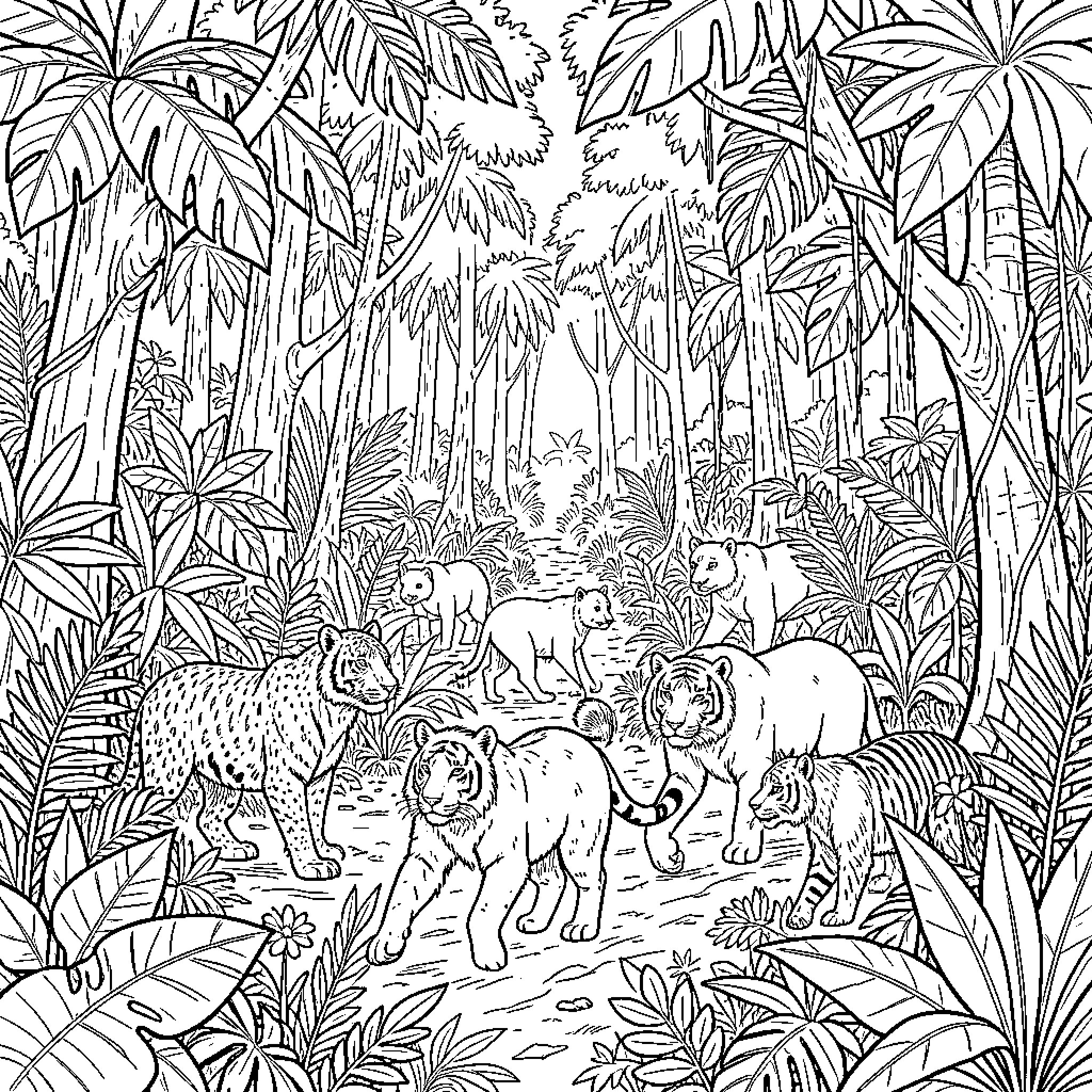Amazon Jungle Animal walking through dense tropical foliage Coloring Page (free black-and-white line drawing printable PDF for all, from beginners to advanced learners, including children, teens, adults, and seniors)