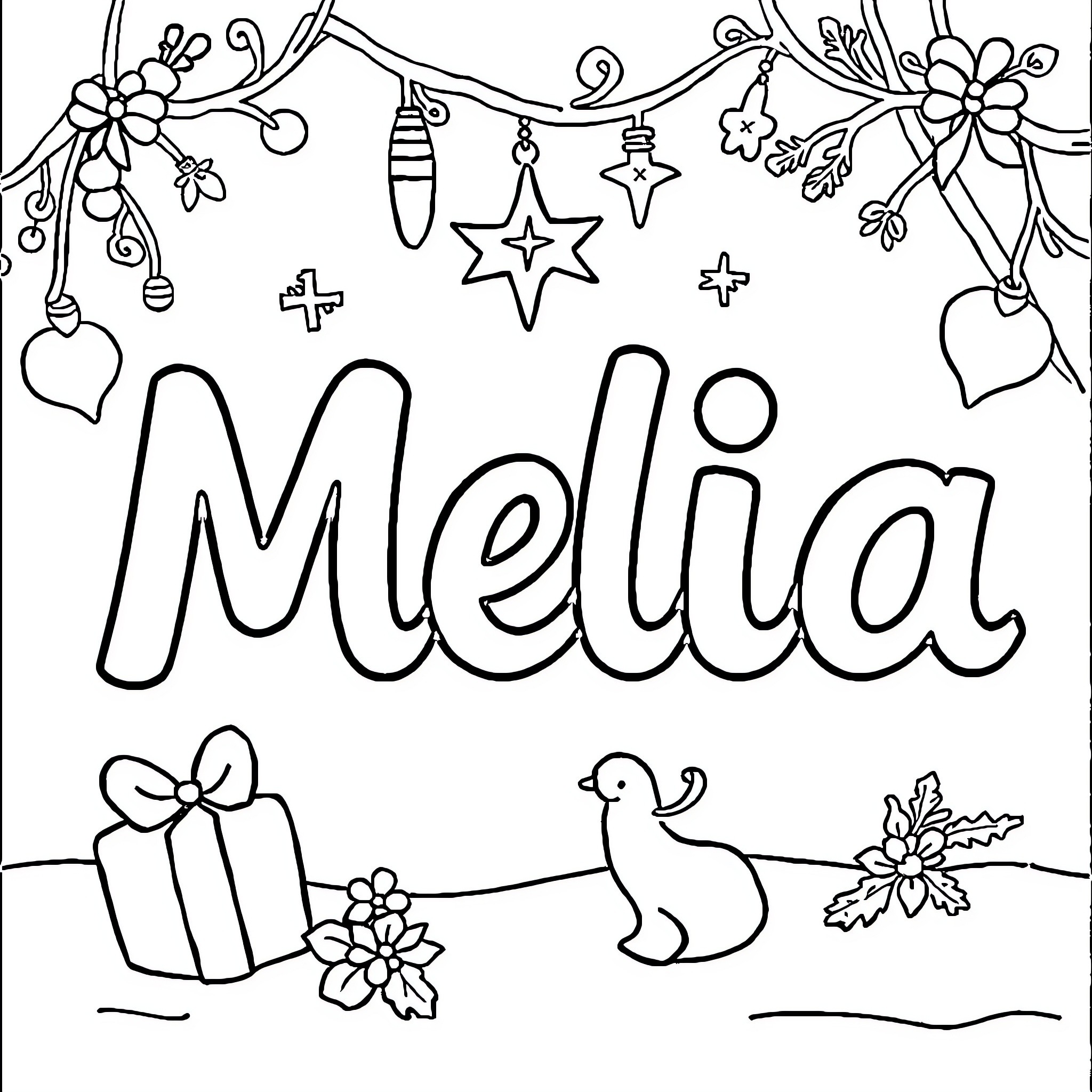 Mélia's Festive Decor and Gifts Coloring Page (free black-and-white line drawing printable PDF for all, from beginners to advanced learners, including children, teens, adults, and seniors)