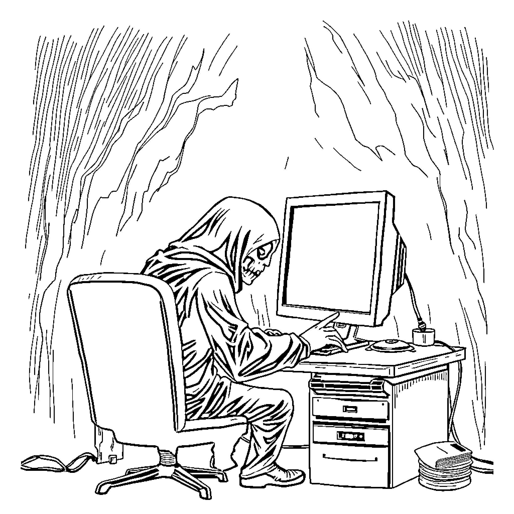 Person using computer in messy workspace Coloring Page (free black-and-white line drawing printable PDF for all, from beginners to advanced learners, including children, teens, adults, and seniors)