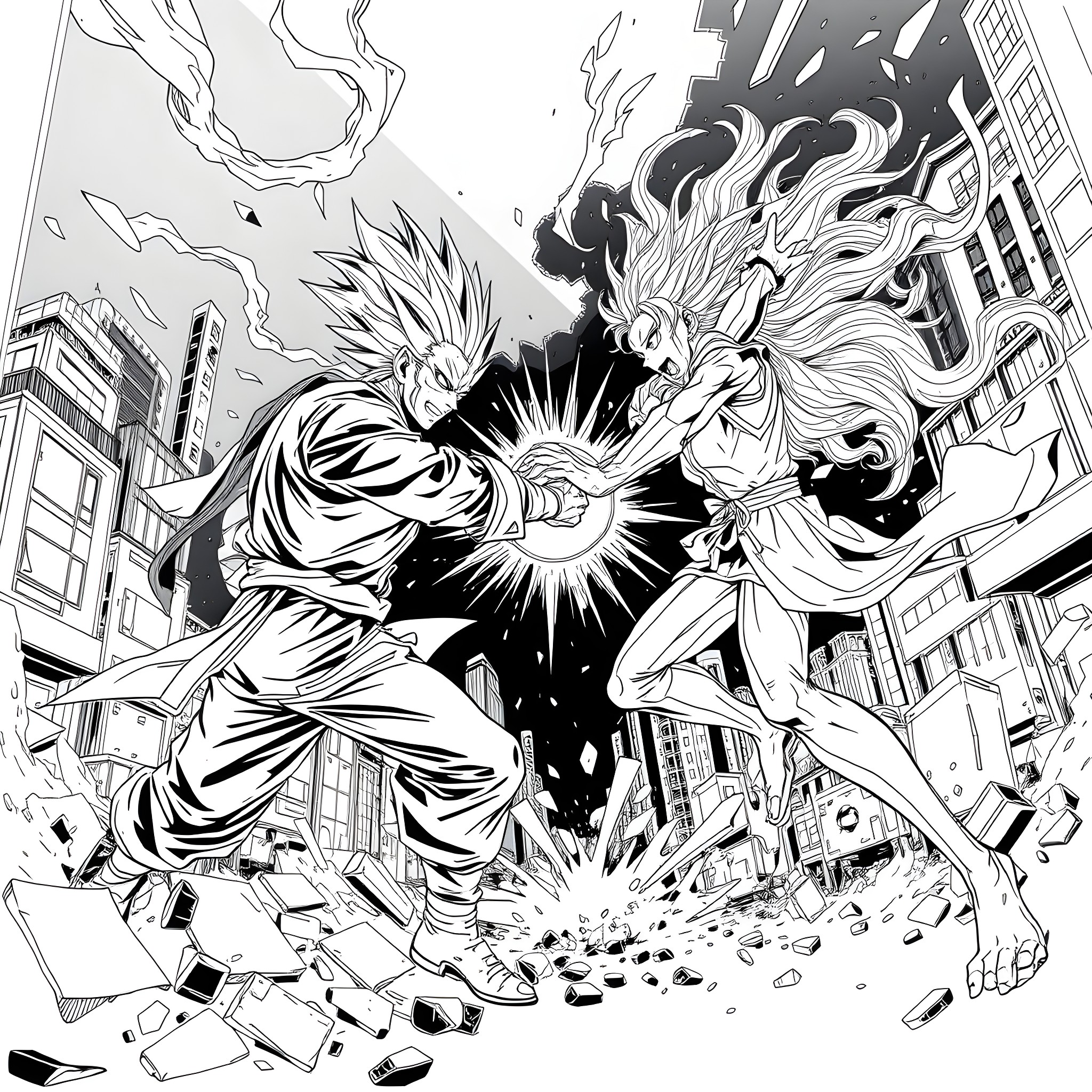 Gojo's Powerful Supernatural Clash in the City Coloring Page (free black-and-white line drawing printable PDF for all, from beginners to advanced learners, including children, teens, adults, and seniors)