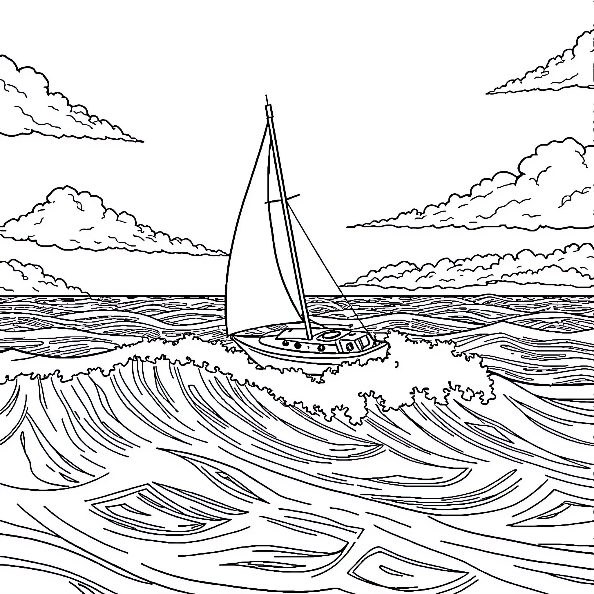 Sailboat navigating through stormy ocean waves Coloring Page (free black-and-white line drawing printable PDF for all, from beginners to advanced learners, including children, teens, adults, and seniors)