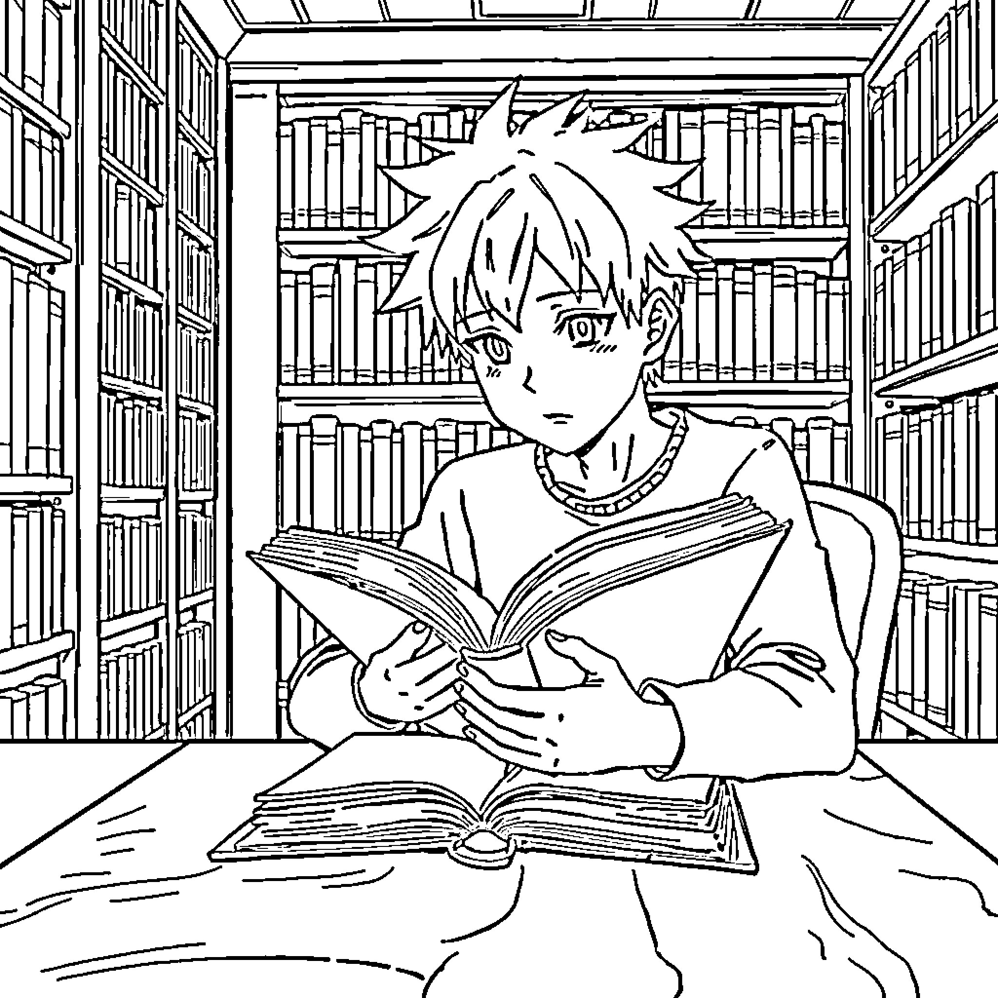 Bakugo studying diligently in the library Coloring Page (free black-and-white line drawing printable PDF for all, from beginners to advanced learners, including children, teens, adults, and seniors)