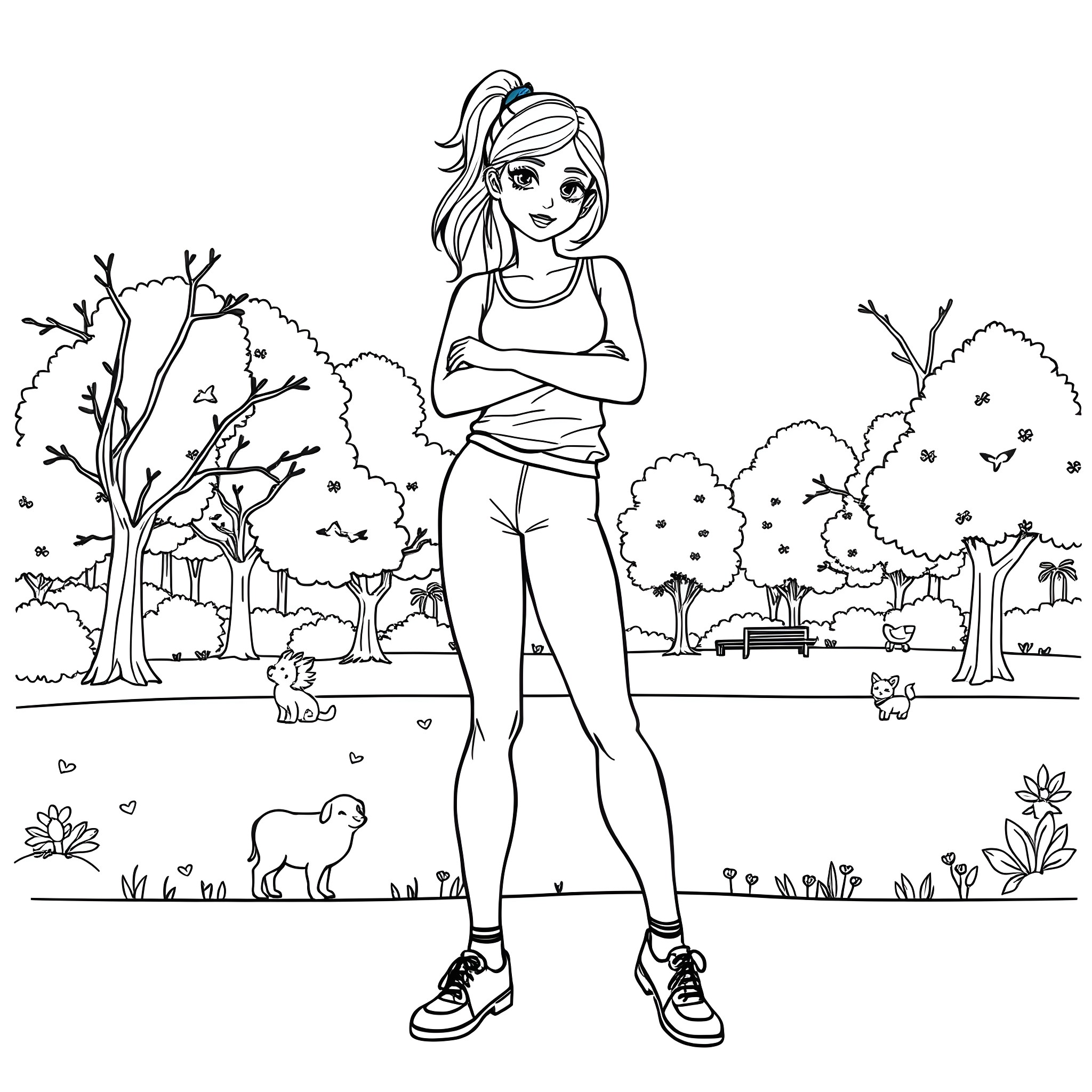 Girl standing confidently in nature Coloring Page (free black-and-white line drawing printable PDF for all, from beginners to advanced learners, including children, teens, adults, and seniors)