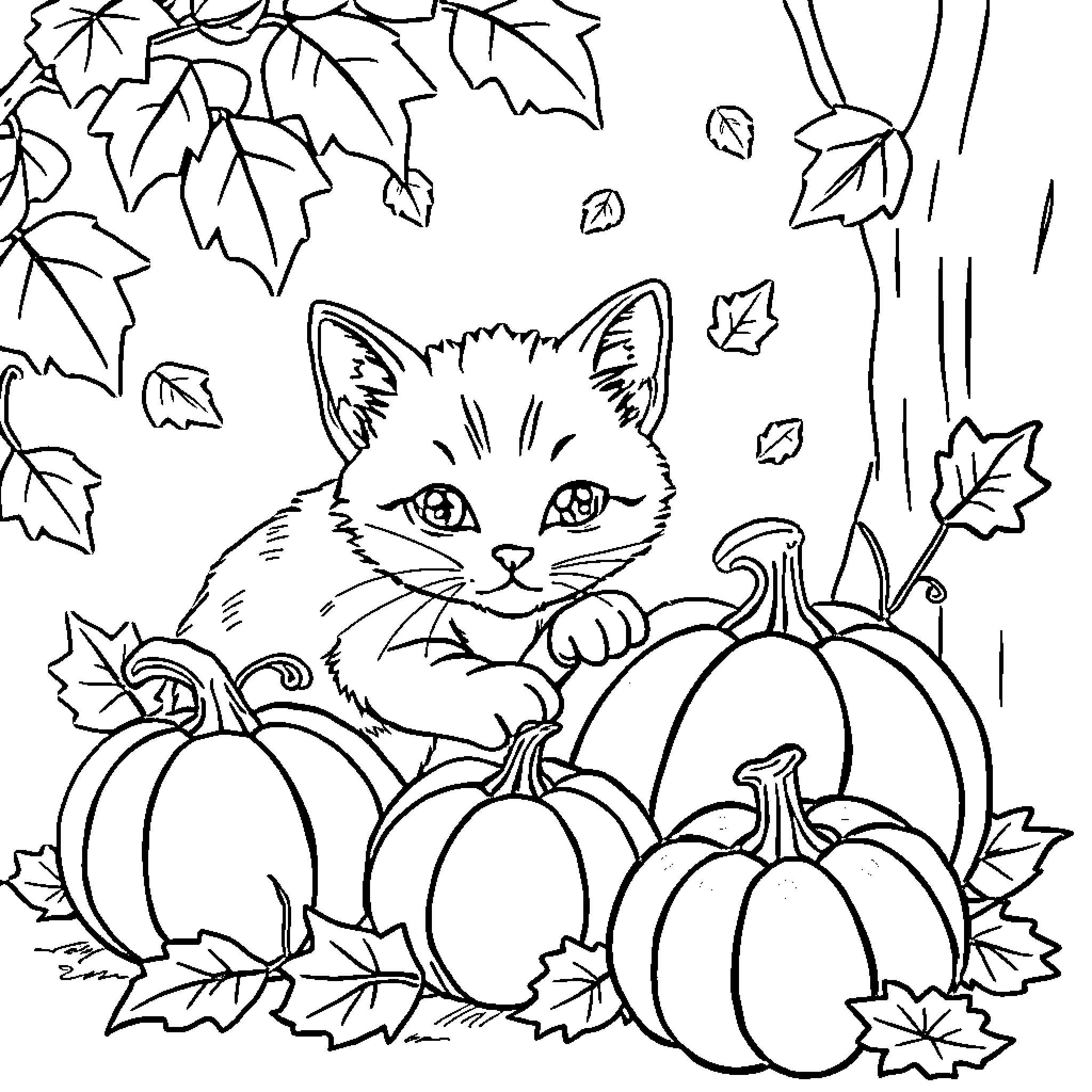 Pumpkin Patch with Playful Kitten Coloring Page (free black-and-white line drawing printable PDF for all, from beginners to advanced learners, including children, teens, adults, and seniors)
